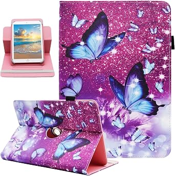 Universal 7 8 Inch Android Tablet Case, Dluggs PU Leather 360 Degree Rotating Multi-Angle Viewing Stand Case Cover for 7.0 8.0 and All 7.0-8.5 Inch Tablet, Pink Butterfly