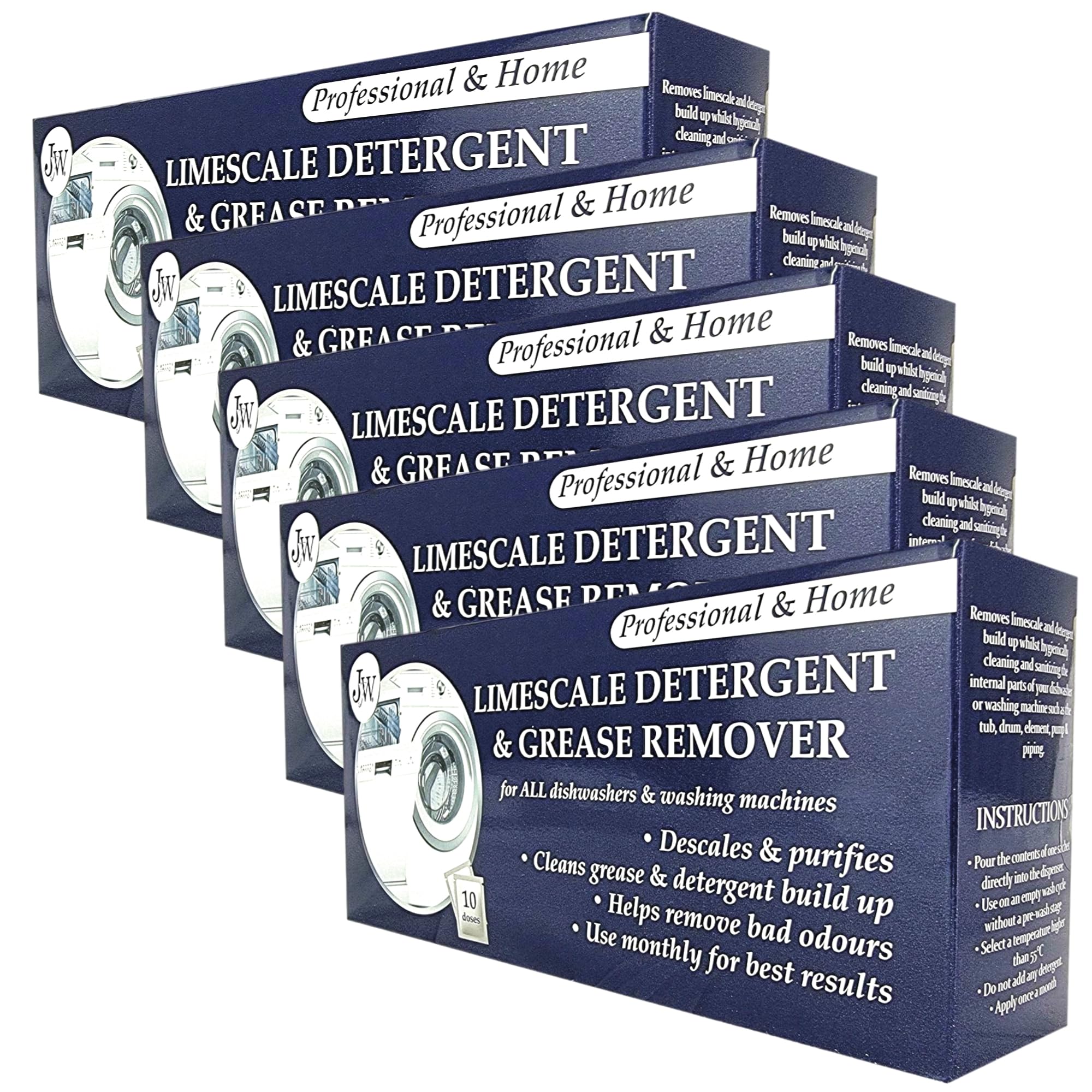 5 x Kalk- und Waschmittelentferner für Waschmaschinen und Geschirrspüler, 10 Anwendungen, 10 Monate Vorrat.