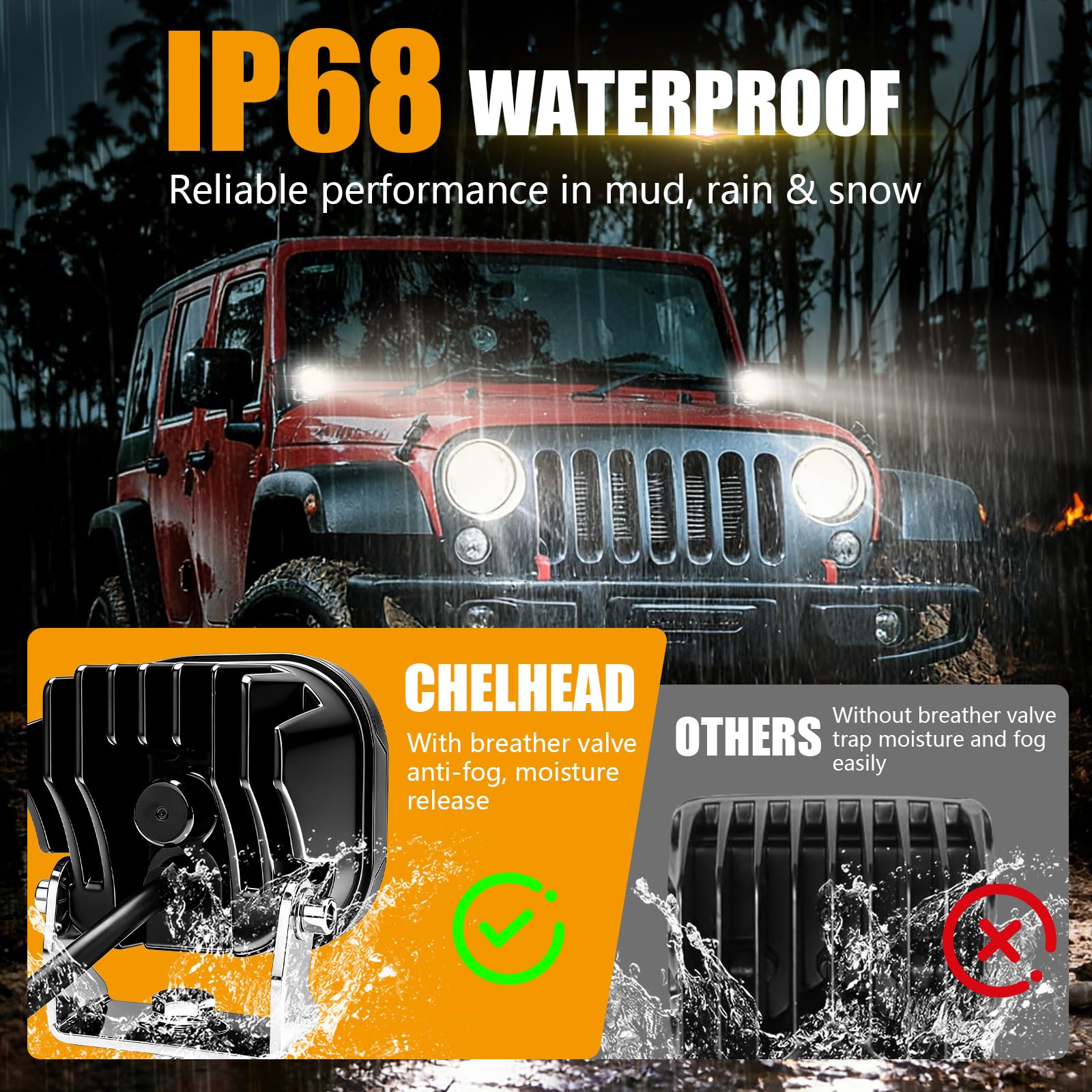Chelhead 2 sztuki reflektorów terenowych LED, 80 W, 6000 lm, z żółtymi światłami drogowymi LED DRL, wodoszczelność IP68, kompatybilne z samochodami 9-30 V, ciężarówkami, pickupami, golfem, SUV-em, ATV