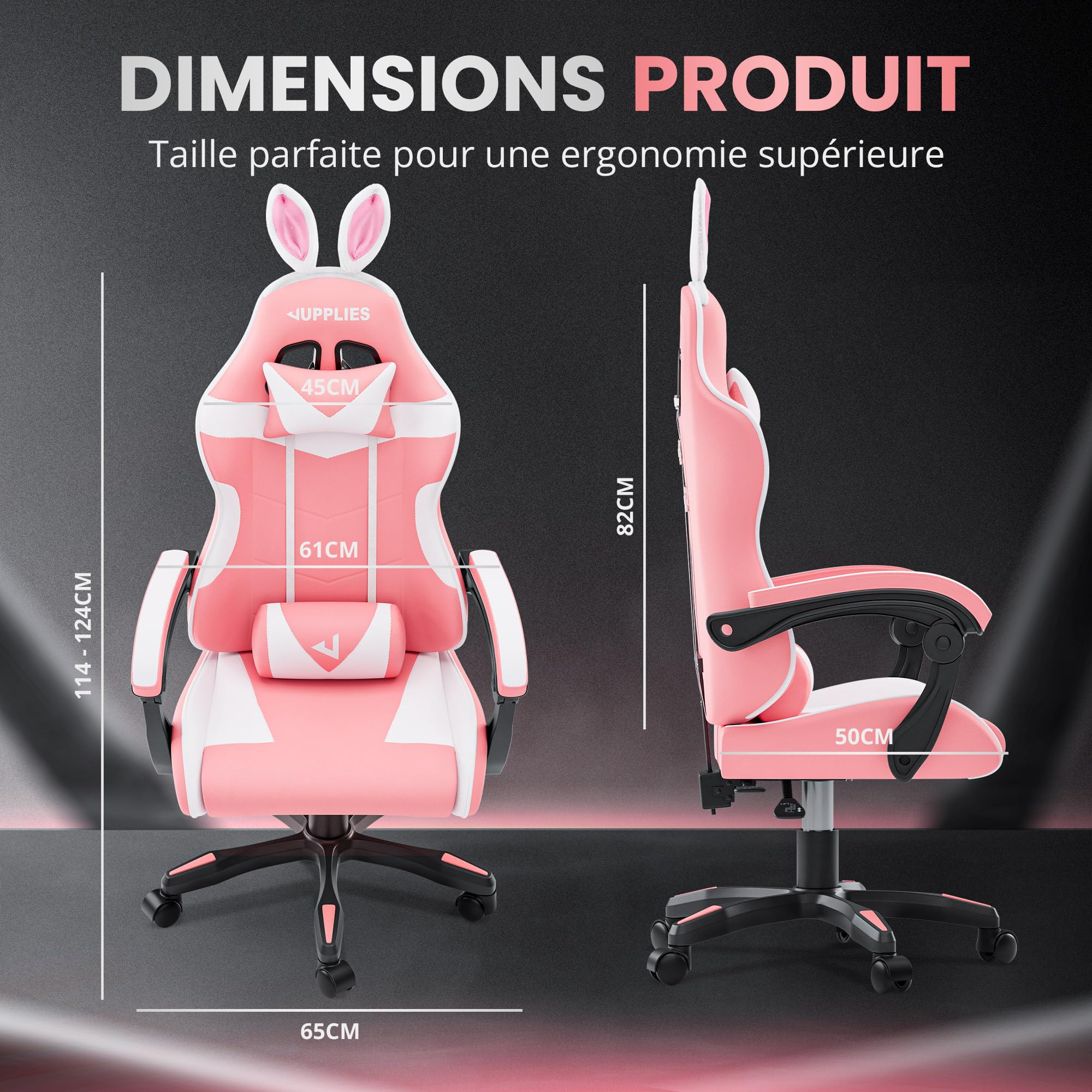 JUPPLIES Chaise Gaming Ergonomique Coussin Massage Lombaire | Fauteuil Gaming Réglable en Hauteur et Inclinable 135° | Chaise Bureau Ergonomique avec Coussin Cervical (Rose, sans Repose-Pieds)