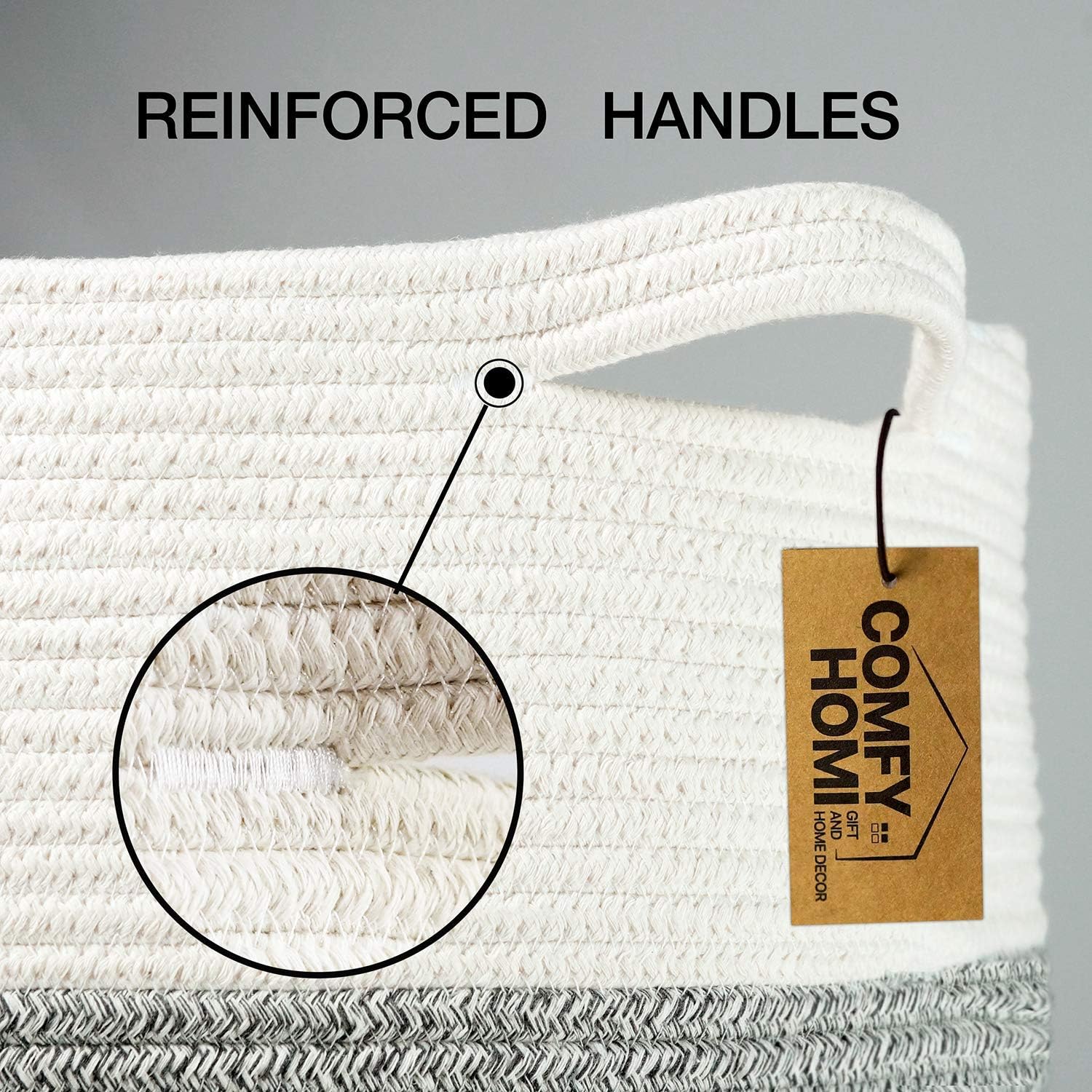 COMFY-HOMI XXL Large Laundry Basket with Handles Blanket Baskets Living Room|Woven Cotton Rope Decorative Basket Laundry Hamper Baby Basket Nursery Dog Toy Storage Organizer Bin-16”x18”-White Grey