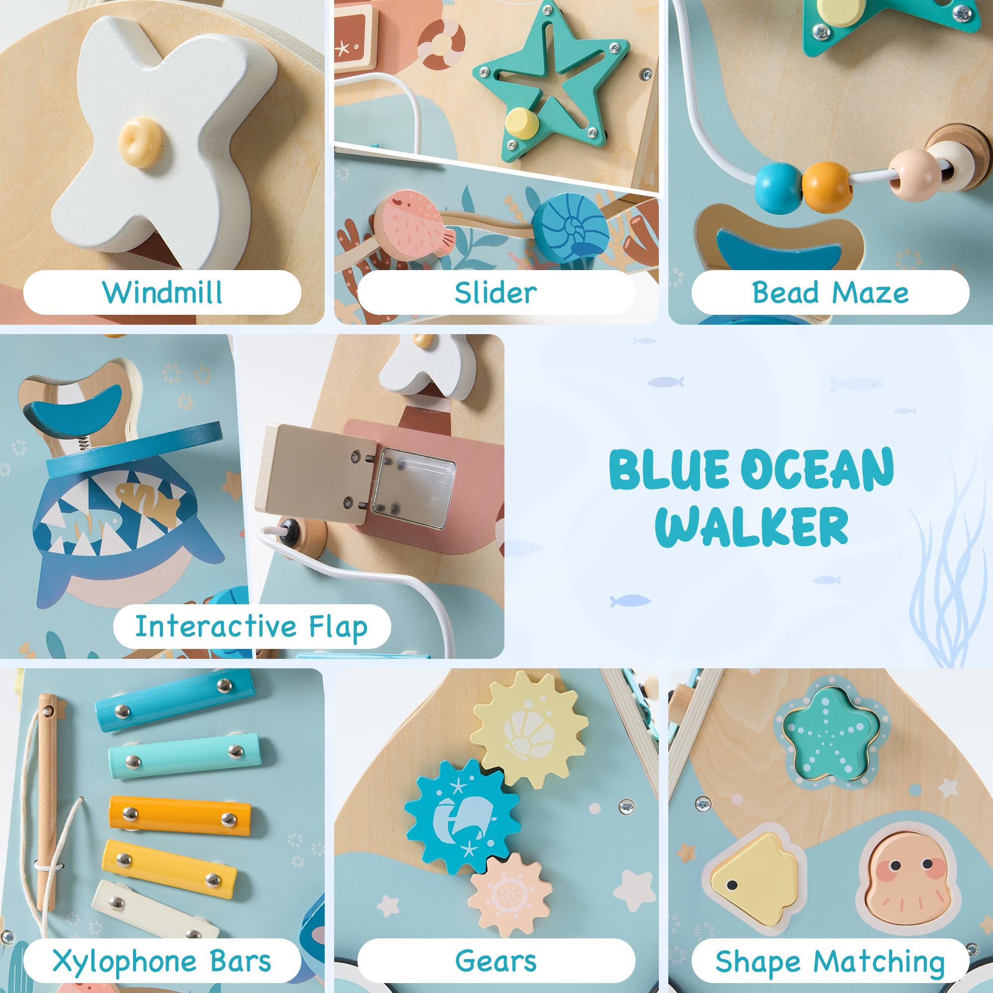 ROBOTIME Wooden Baby Push Walker, Ocean-Themed Wooden Baby Walker with Wheels, Sit-to-Stand Activity Center, Push Toy for Toddlers, for Boys and Girls