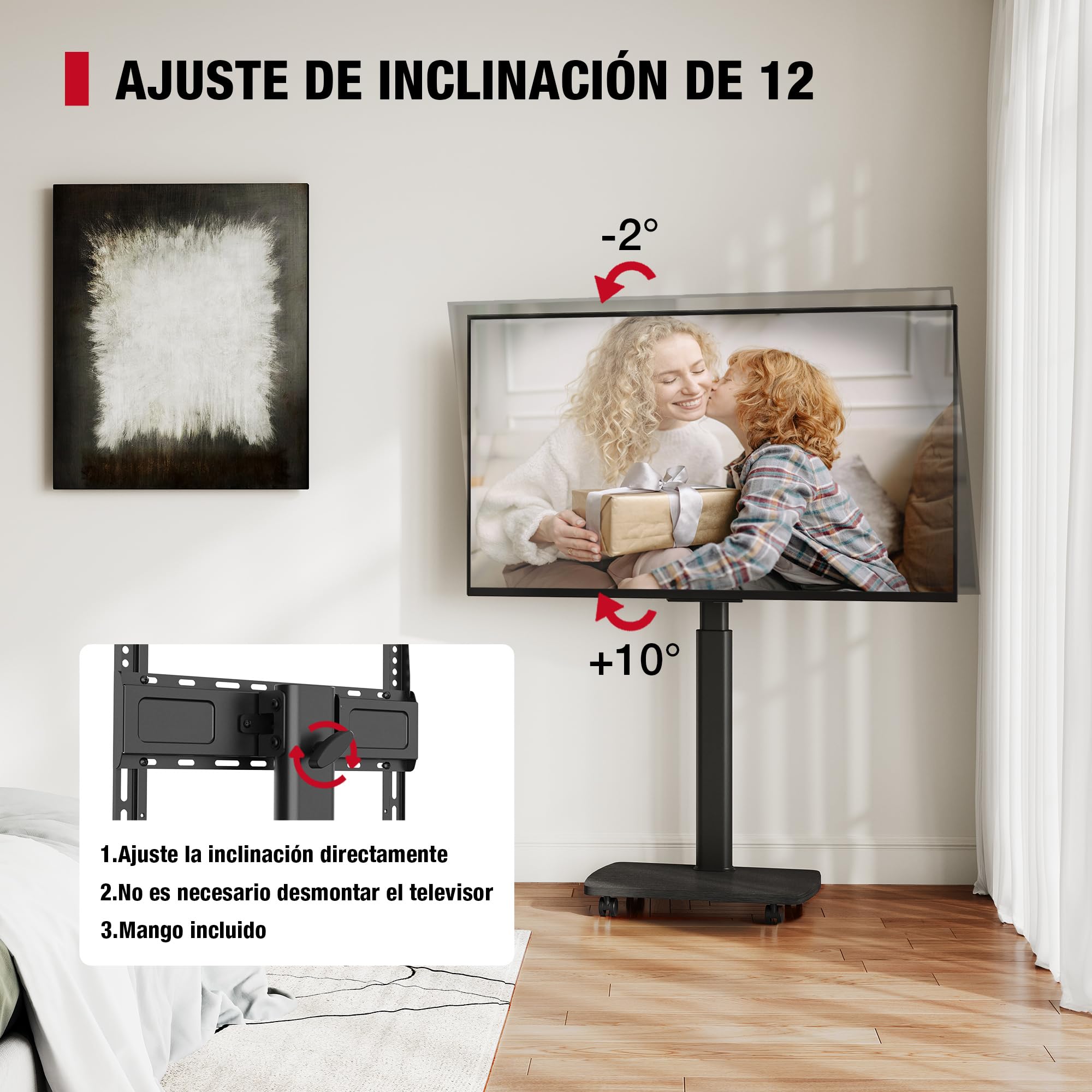 AOKCOS Soporte de TV enrollable con estante de madera, soporte de televisión con ruedas para televisores planos y curvos de hasta 35 kg, giratorio 90°, altura ajustable, máx. VESA 400 x 400 mm (negro)