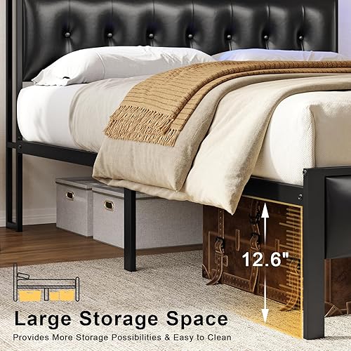 Miniatura 6 de HAUSOURCE Base de cama LED de tamaño matrimonial con cabecera de almacenamiento, base de cama con 2 salidas de carga y 2 puertos USB,