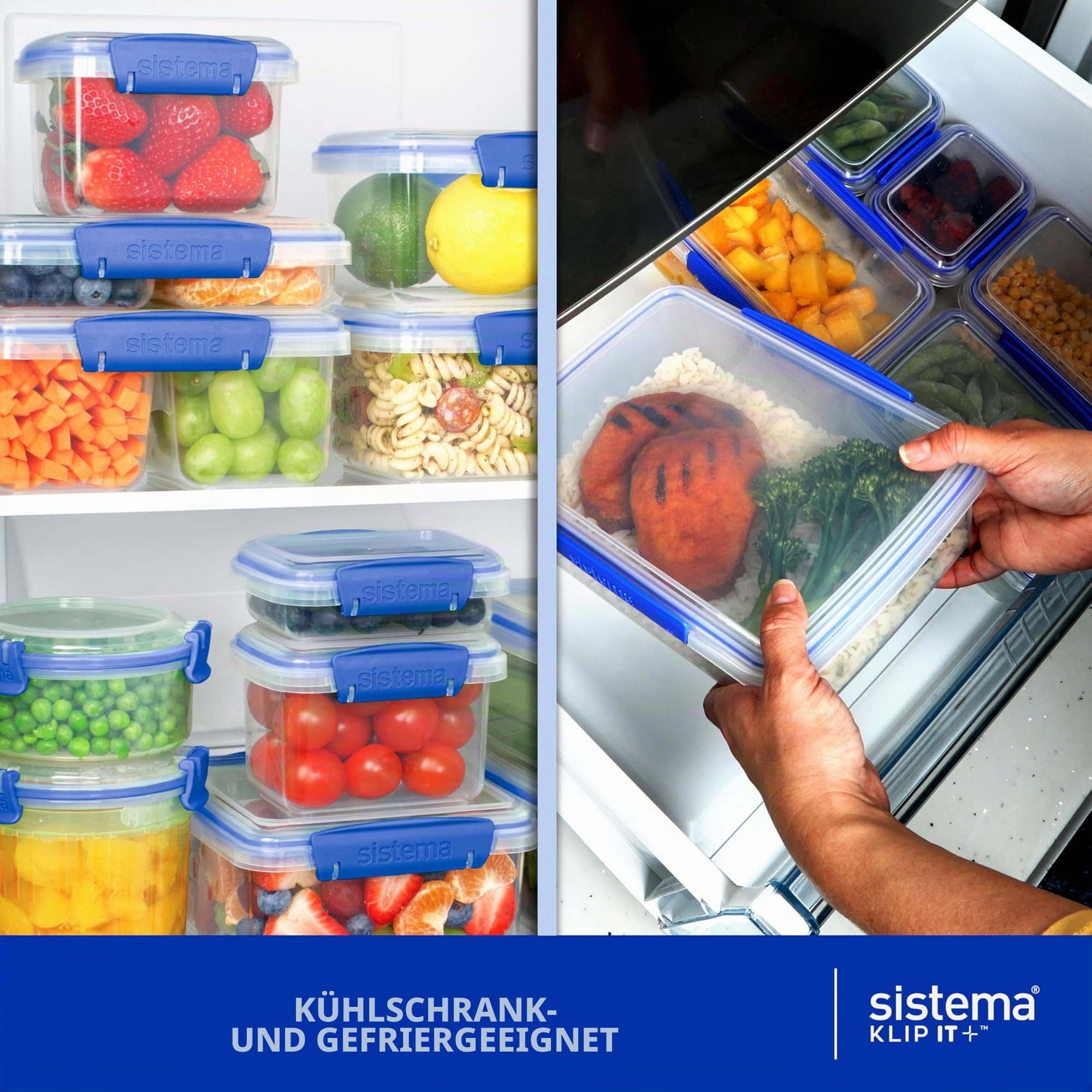 Sistema KLIP IT Frischhaltedose | 9,67 l | stapelbare und luftdichte Vorratsdose mit Deckel, geeignet für Kühl-/Gefrierschrank | BPA-freier Kunststoff | blaue Clips | 1 Stück (Packung mit 4)