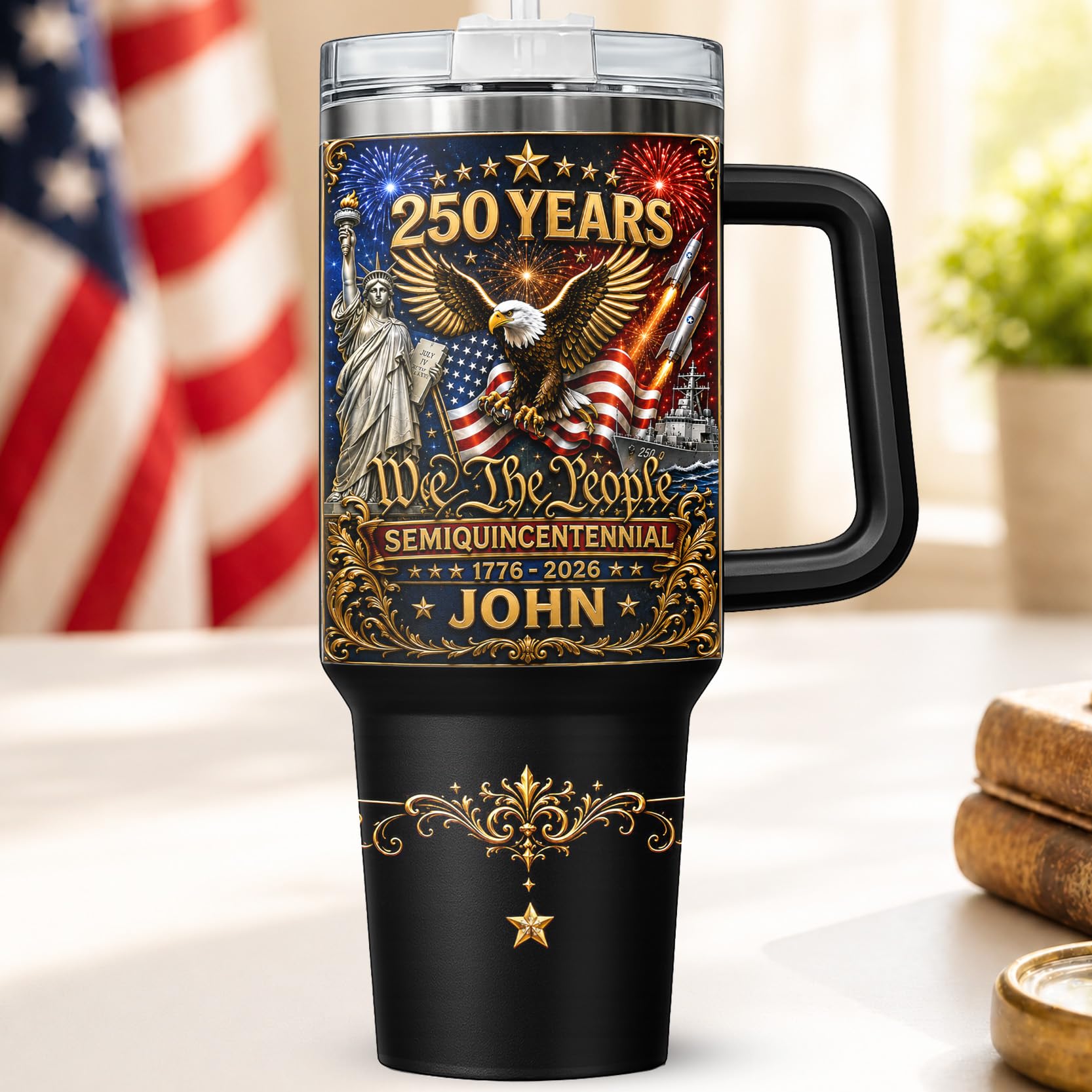 Personalized 250th Anniversary Of America Tumbler - Custom Patriotic USA Flag 1776-2026 Gifts - US Eagle Freedom Cup 40oz A2 - American Independence Celebration Gifts For Men Women