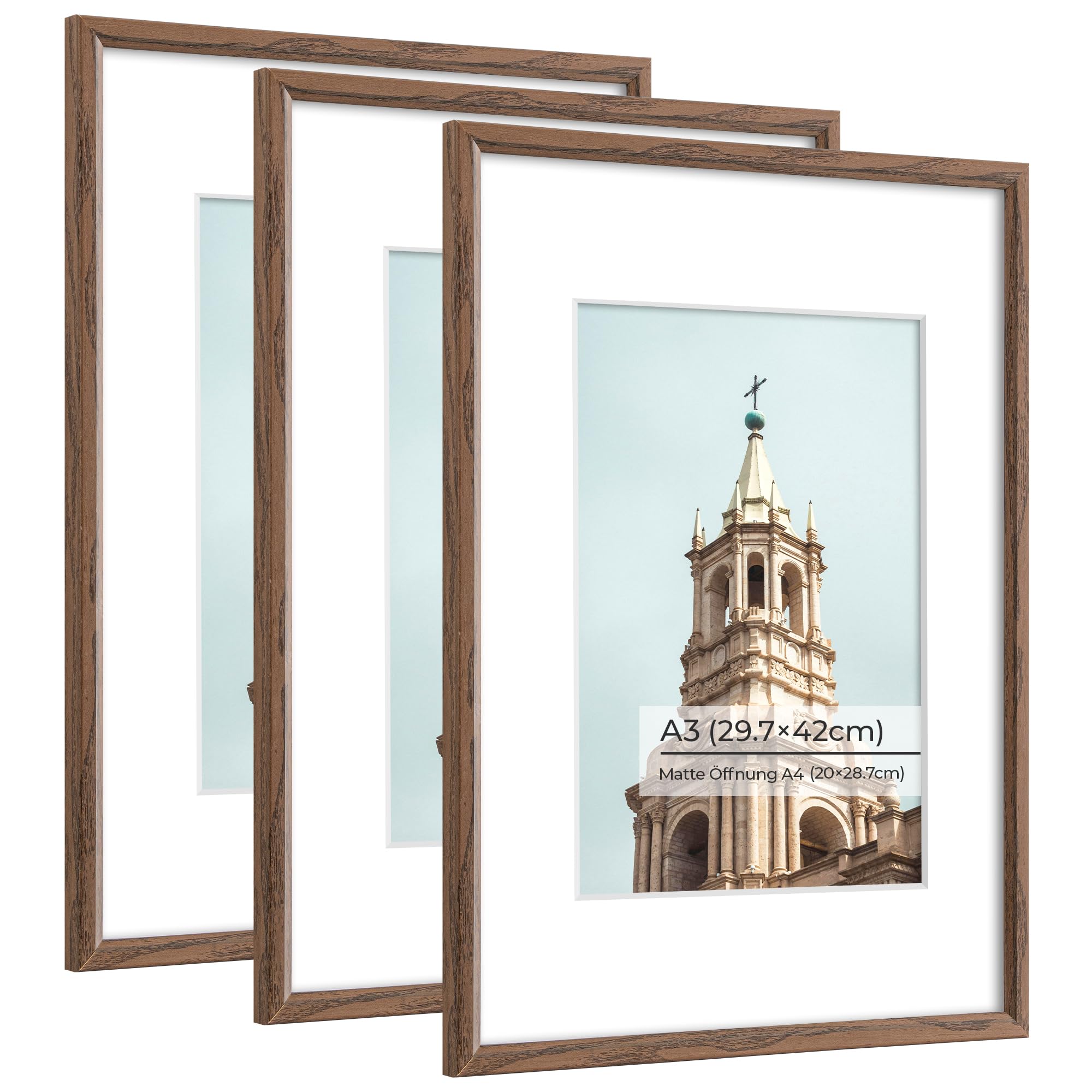 A3 Picture Frame, Display Pictures A4 with Mat or A3 Without Mat, Wall and Tabletop Display Photo Frame, Walnut Woodgrain, 3 Packs