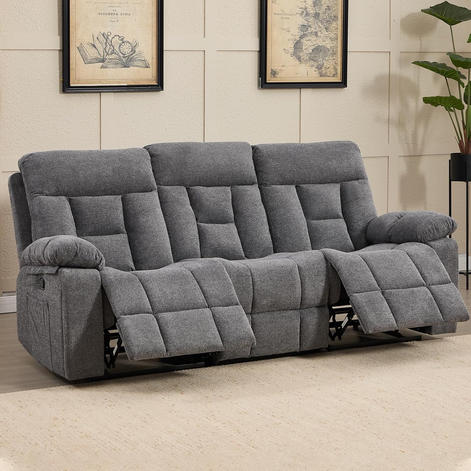 CANMOV 3 Seat Manual Recliner Sofa, Modern Reclining Sofa with Overstuffed Armrest, Hidden Cup Holders, for Living Room, Grey