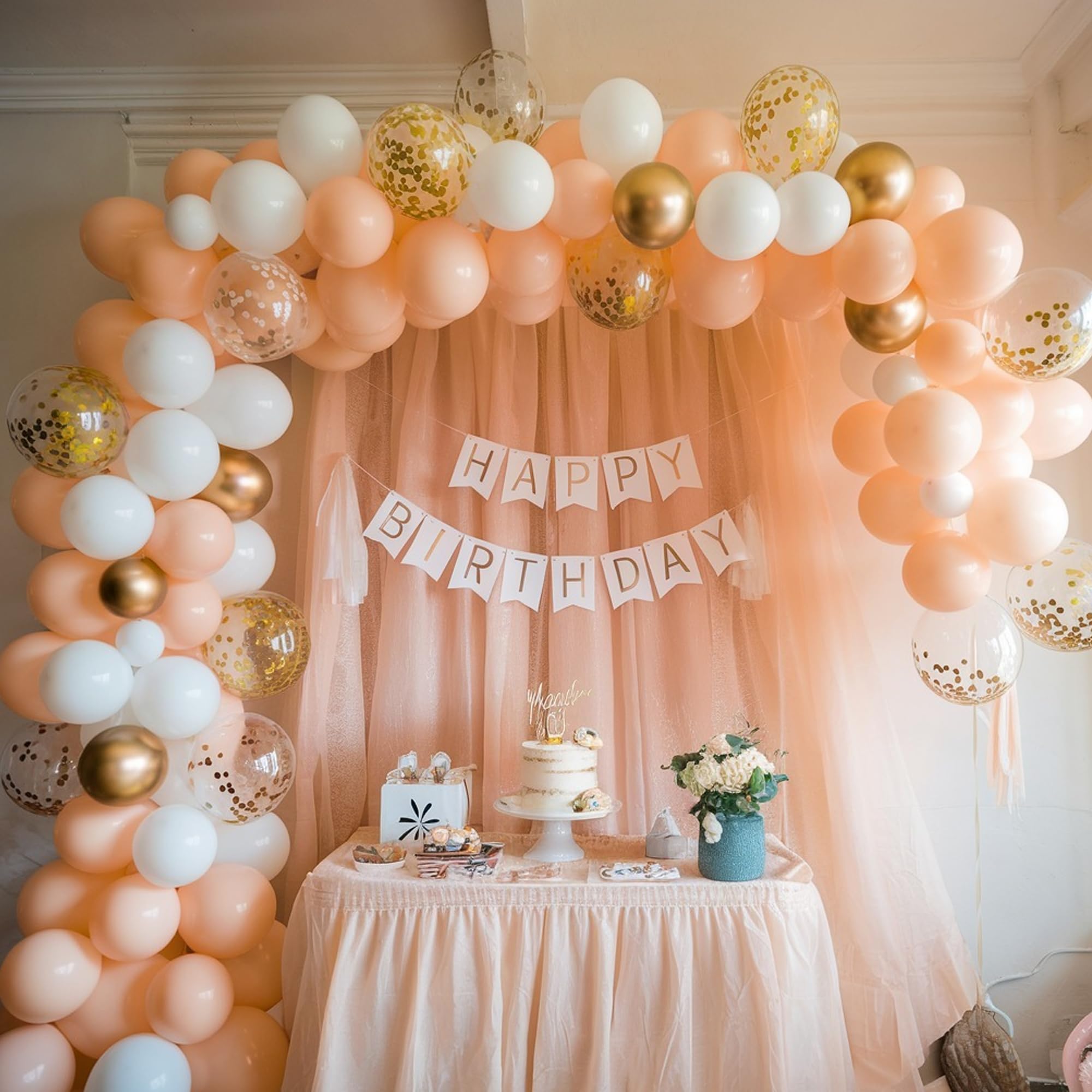 SpecialYou Peach Theme Birthday Decoration Kit for Girls-78Pcs, Peach, Gold & White Balloons, 1st Birthday Decoration for Baby Girl, Net Backdrop for B'day Decor, Back Drop Curtain for Decorations