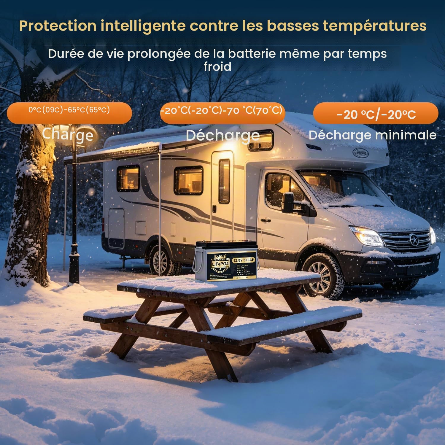 Batterie LiFePO4 12V 300Ah avec Bluetooth, BMS 200A, jusqu'à 15000 cycles, max 3840Wh, protection basse température, cycle profond, design compact, pour camping-car, solaire, moteur électrique