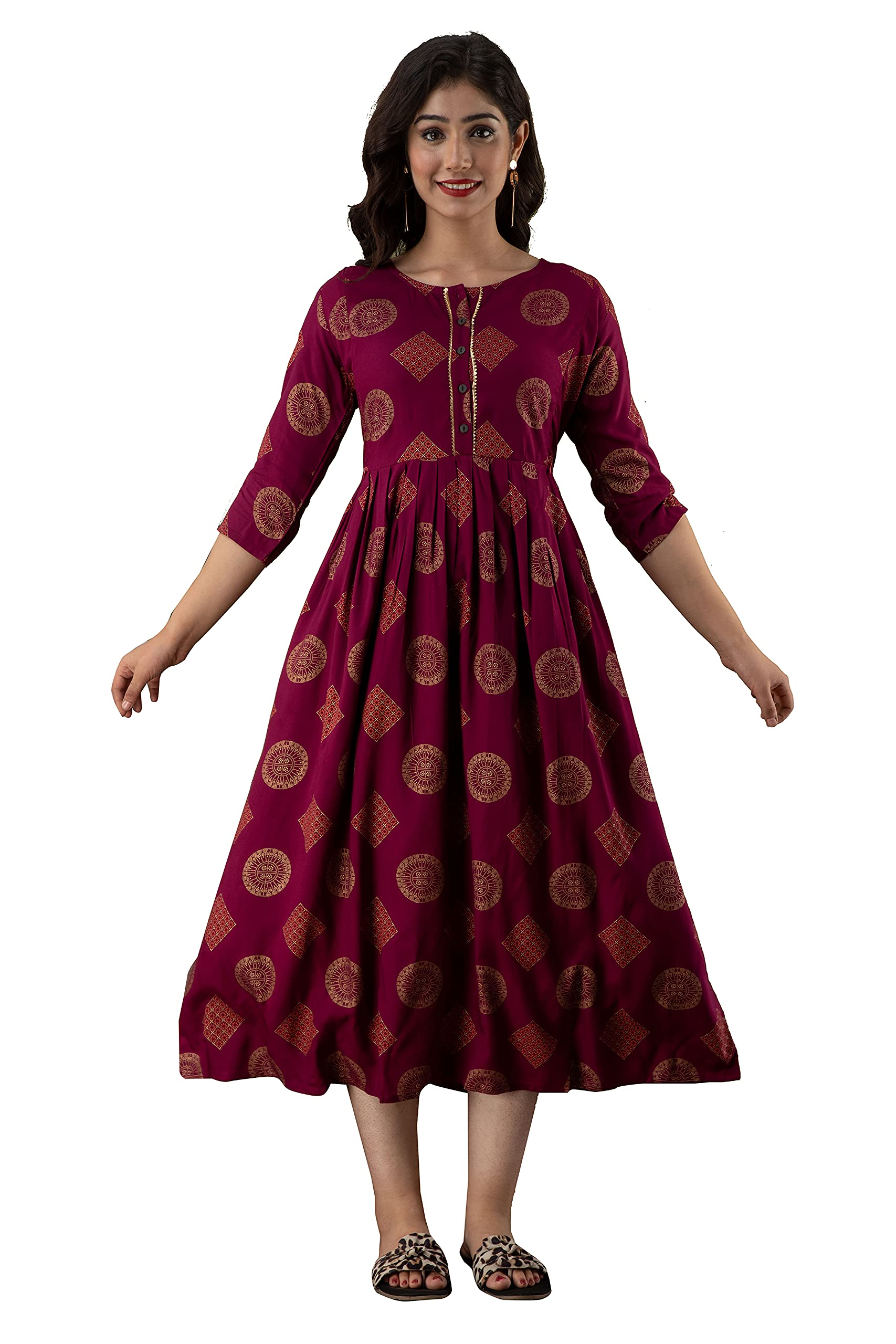 henal Women's Rayon A-Line Maternity Feeding Kurti With Zipper (H319_Maroon Printed Maternity Kurta_Maroon)-picture-10