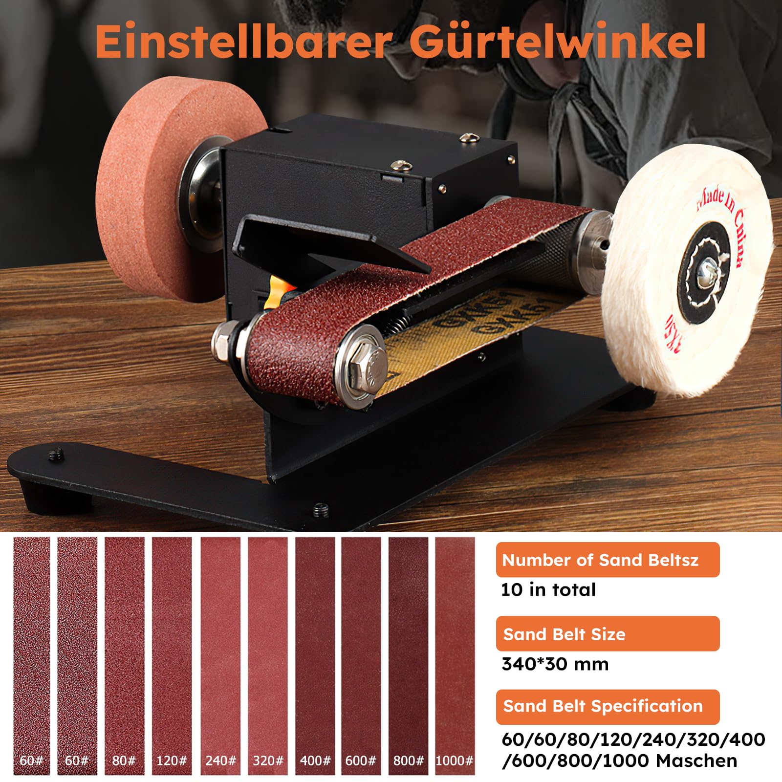 Mini Bandschleifer, 350W Elektrischer Bandschleifer, 7-Stufig Verstellbarer Polierer, DIY Polierschleifmaschine mit 10 Schleifbänder Geliefert, Schleifscheibe und Polierscheibe zum Polieren von Holz