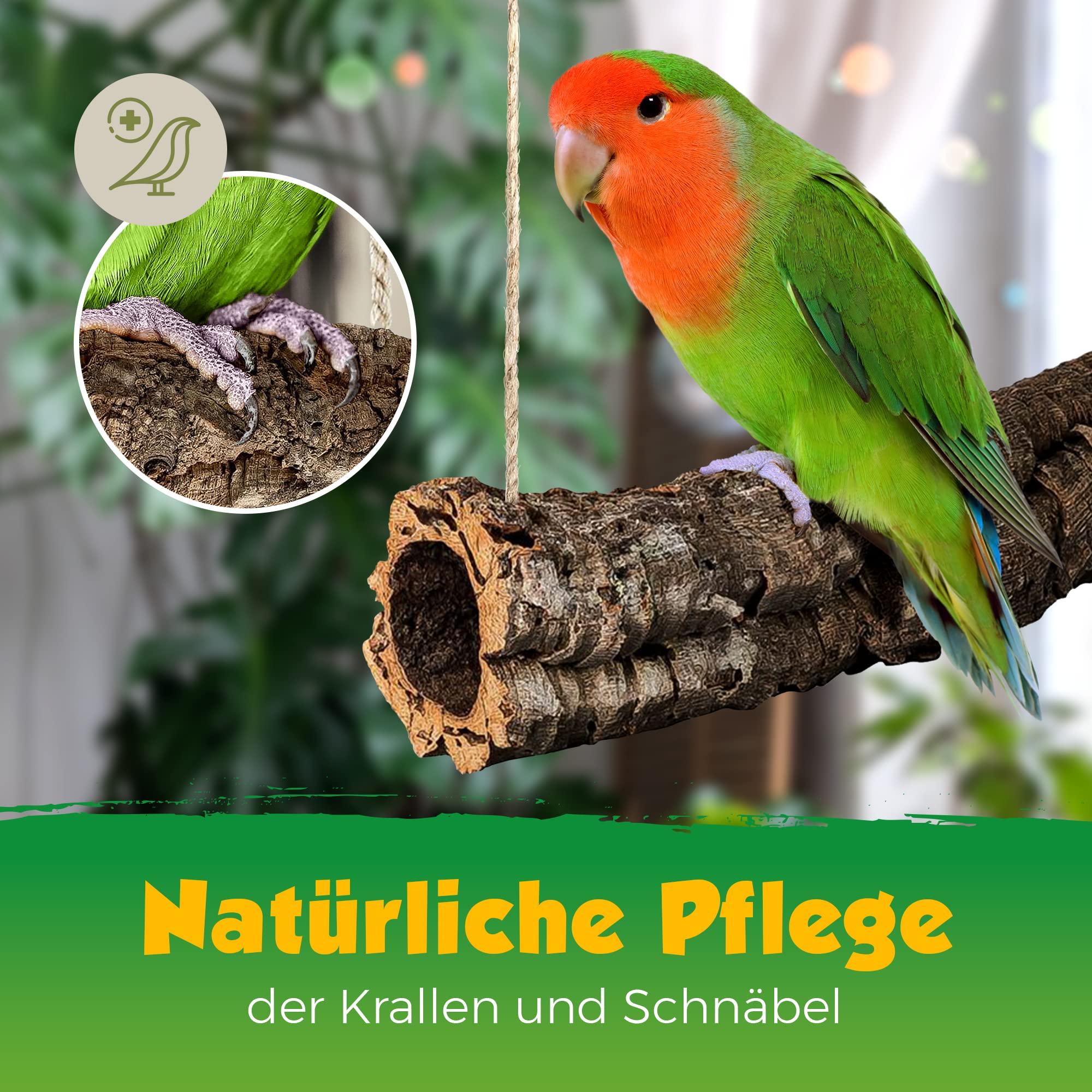 Korkröhre als Schaukel für Vögel | Röhre aus Naturkork | zum Schaukeln, Spielen, Anknabbern & Knuspern | Reine Kork-Rinde, desinfiziert | Karabinerhaken aus Edelstahl