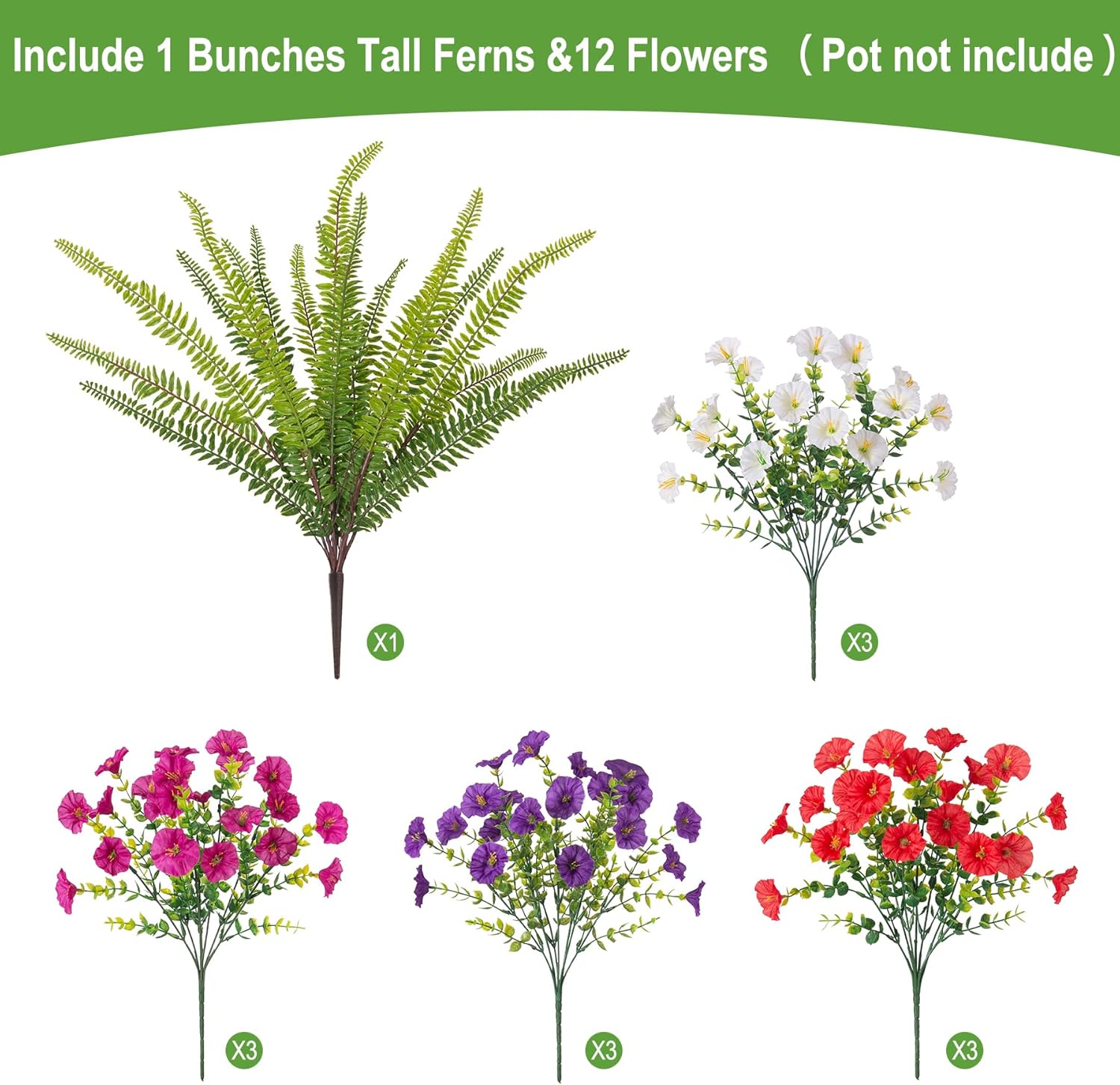 Artificial Flowers for Outdoors Faux Plants Outside Indoor,UV Resistant Silk Fake Morning Glory Tall Ferns for Home Patio Garden Back Yard Front Porch Decor(13 Bunches,Dk. & Lt. Purple) - Image 2