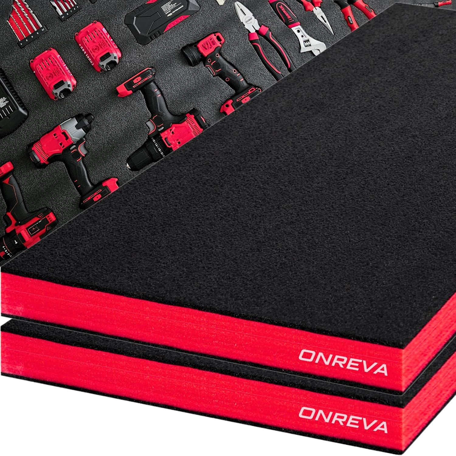 ONREVA Tool Box Foam 48x24x2 inch 2Pack, Foam Inserts for Cases, Polyethylene Storage Sheets for Toolbox Hard Case, Tool Shadow Insert, Kaizen Organizer Sheet, Black with Red