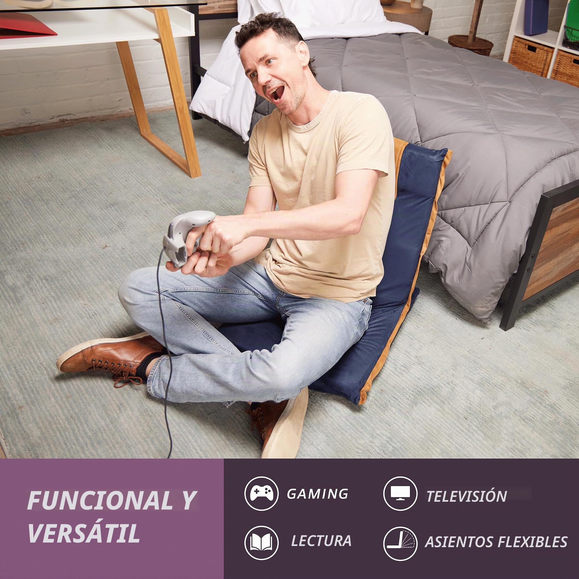 bonVIVO Silla Plegable de Suelo con Respaldo reclinable para meditación, Lectura, Gaming y Relax, cojín Suelo Acolchado portátil para hogar y Oficina, Azul y Beis