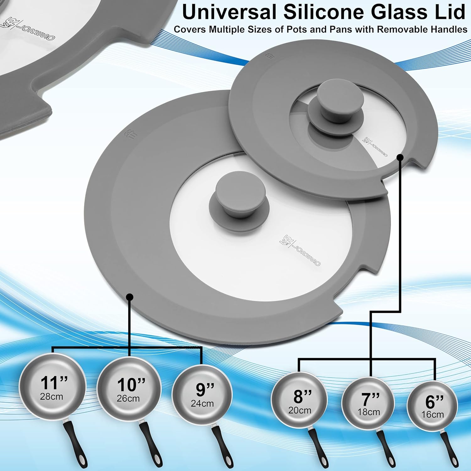 LORESO Silicone Glass Lid for Pots & Pans, Grey Pack of Two - Universal Lid for Pots Pans & Skillet 6 to 11 Inches with Removable Side Handle, Tempered Glass Lid with Side Handle Cut, Food Safe Silicone, Cool Touch Handle and Dishwasher Safe: Home & Kitchen