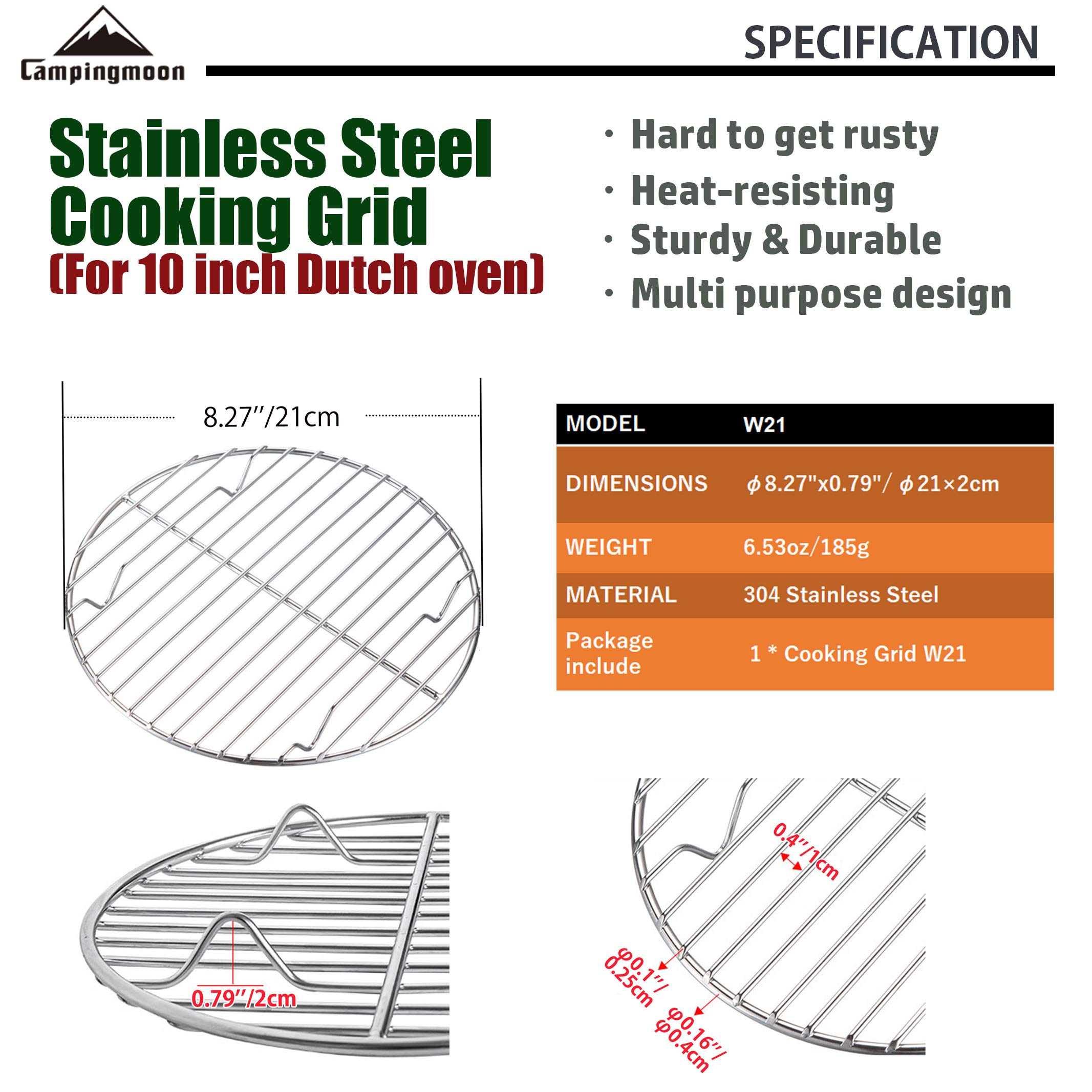 CAMPINGMOON ?8.27inch/?21cm Round Stainless Steel Roasting Baking Steaming Cooling Rack Cooking Grid Grill Fits for 10-inch Dutch Oven W21