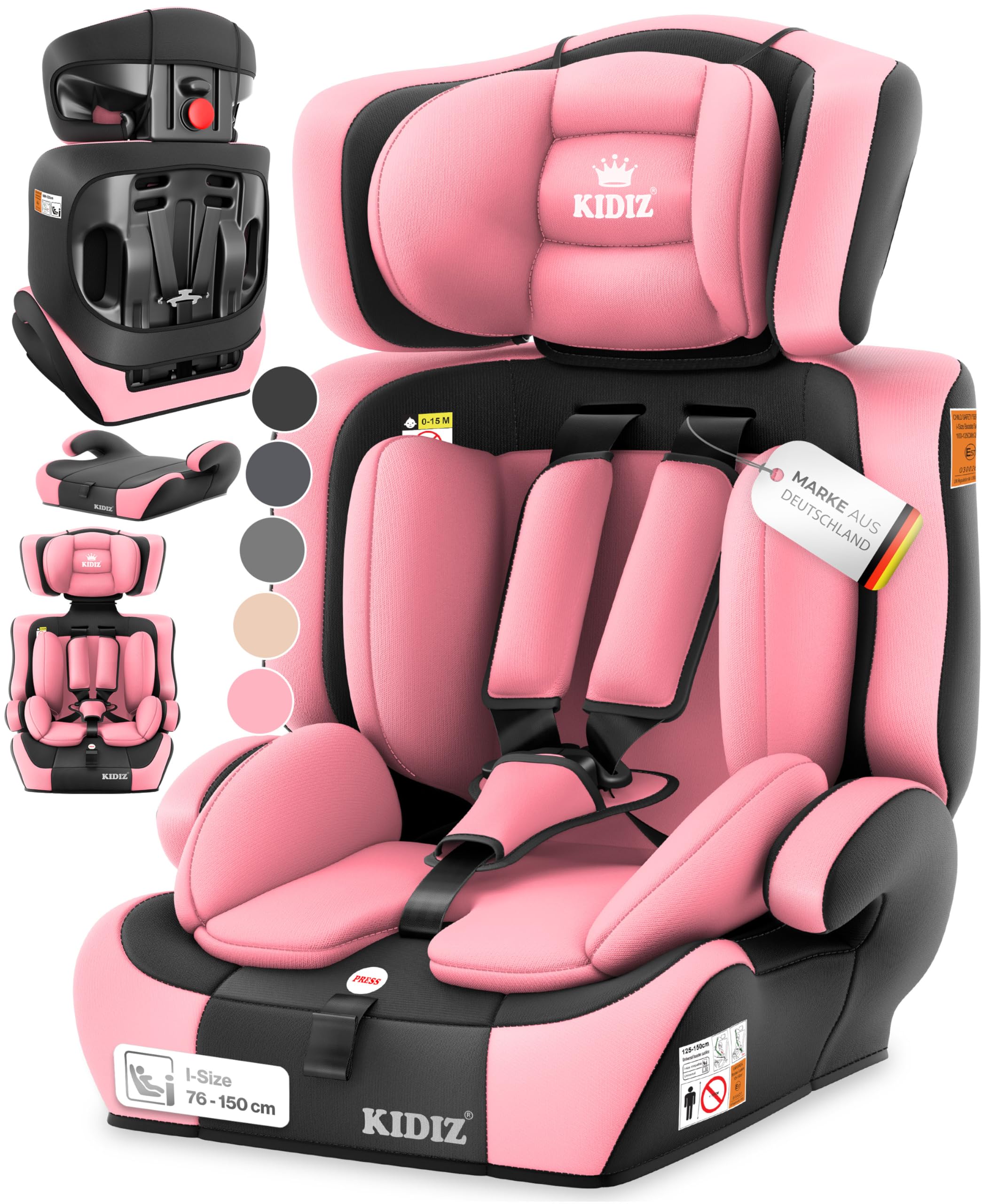 Kidiz®, seggiolino auto i-Size R129 100-150 cm fino a 12 anni, seggiolino per bambini gruppo 1/2/3 senza Isofix, seggiolino per bambini a crescita regolabile, cintura a 5 punti e poggiatesta