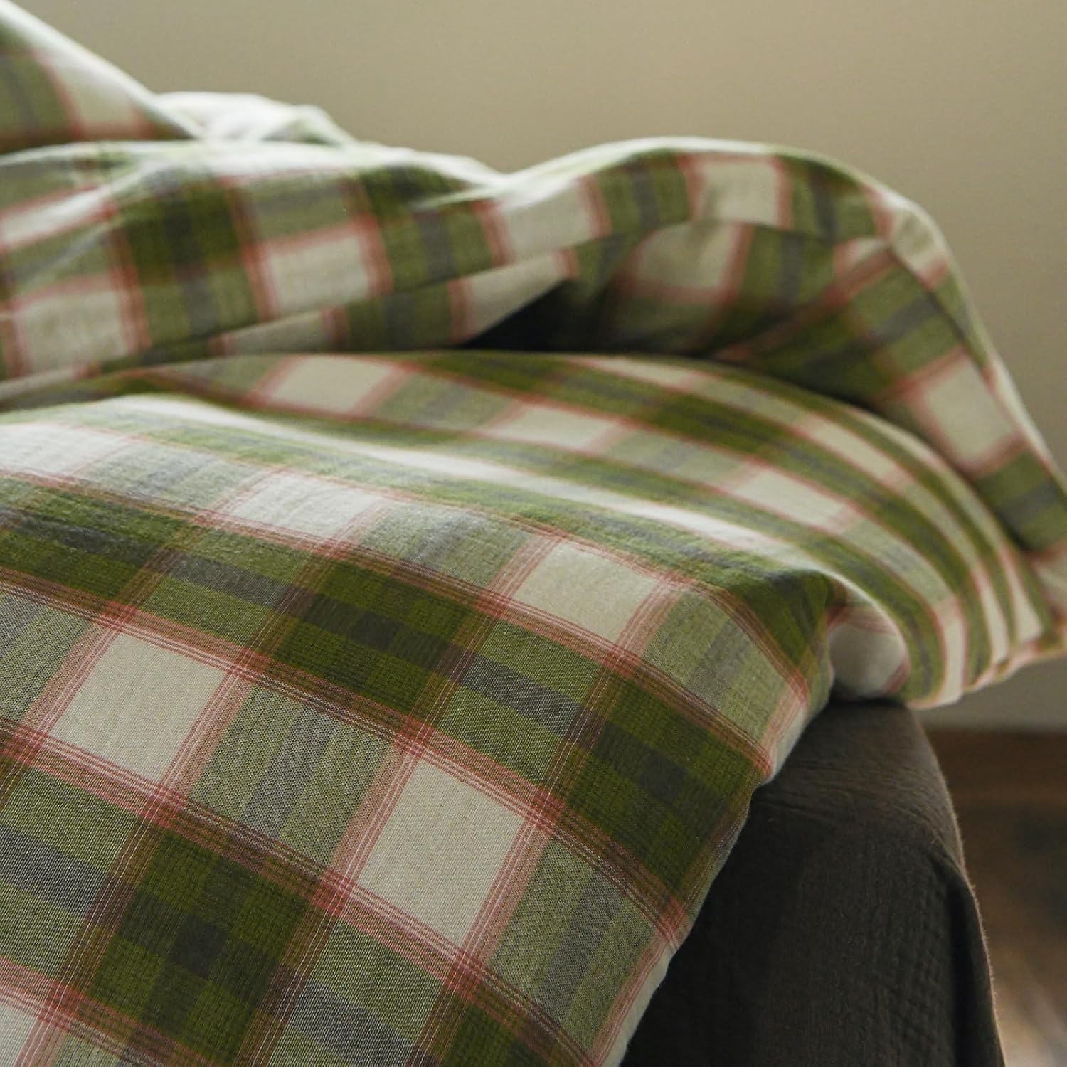 EAVD Vintage Style Gingham Duvet Cover Queen Soft 100% Muslin Cotton Yarn-Dyed Textured Chic Pink&Green Grid Plaid Bedding Set with 2 Pillowcases British-Style Plaid Duvet Cover with Zipper