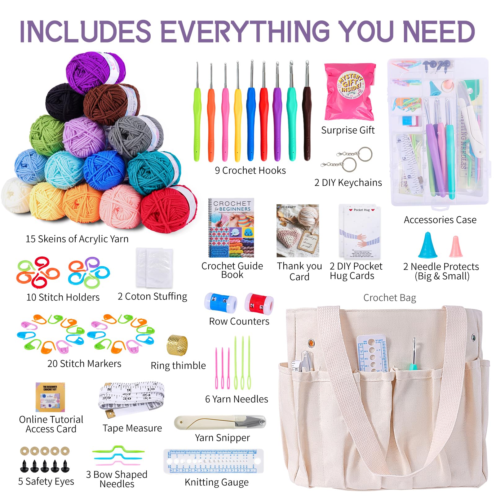 JC Craft Beginner Crochet Kit – 81 Piece Starter Set with 15 Colorful Yarns, Ergonomic Hooks, Complete Supplies, White Tote Bag, Accessories Case, Guide Book & Online Video Lessons