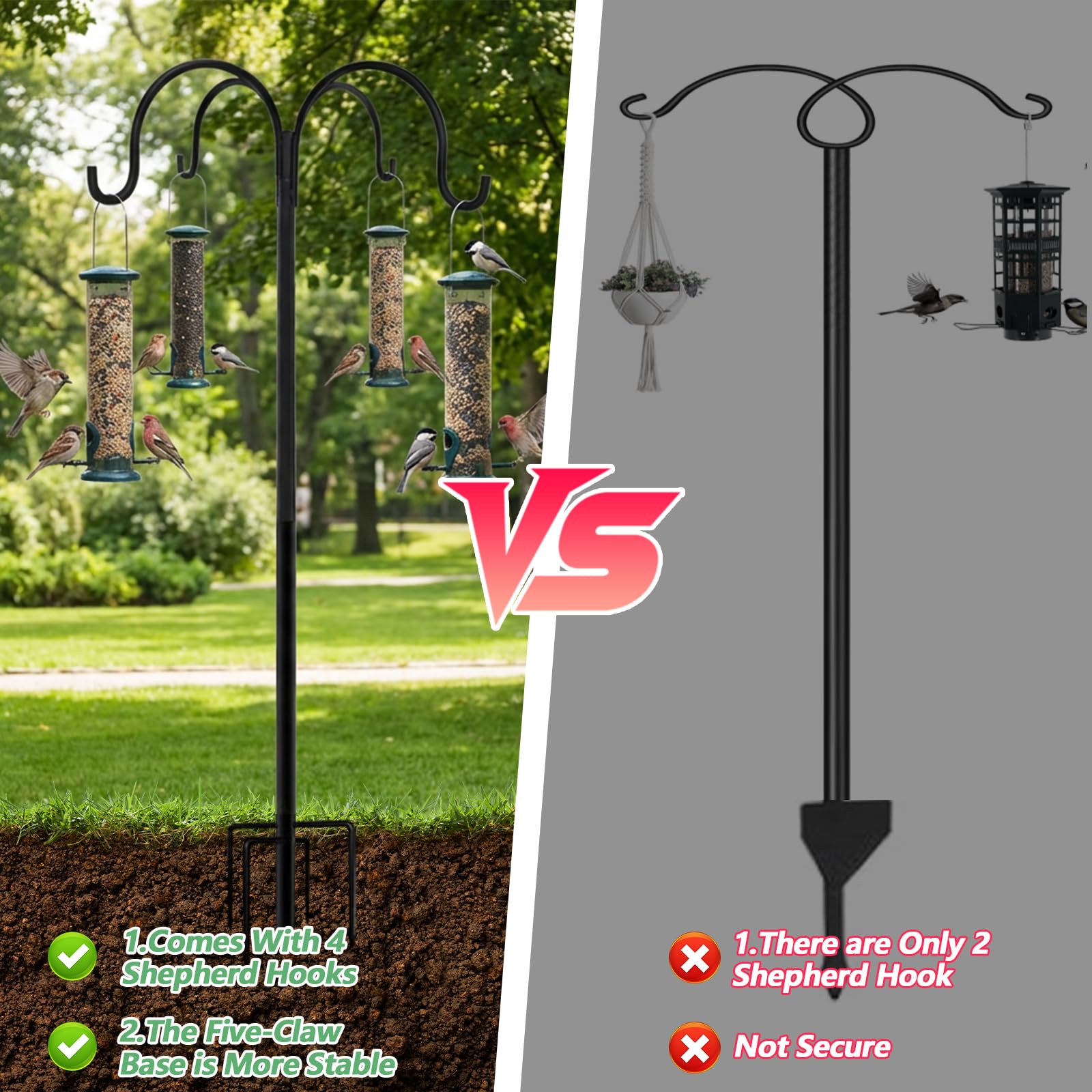 Bird Feeders Hanging Station, 223CM Bird Feeder Pole with 5-Prong Base, Bird Feeder Stand Heavy Duty, Extra Tall Shepherds Crooks Hooks for Outdoor Garden, Lamp, Flower Basket, Wind Chimes — view 4