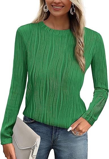 PRETTYGARDEN Long Sleeve Tops for Women 2025 Spring Fall Trendy Business Dressy Casual Shirts Crewneck Textured Blouse