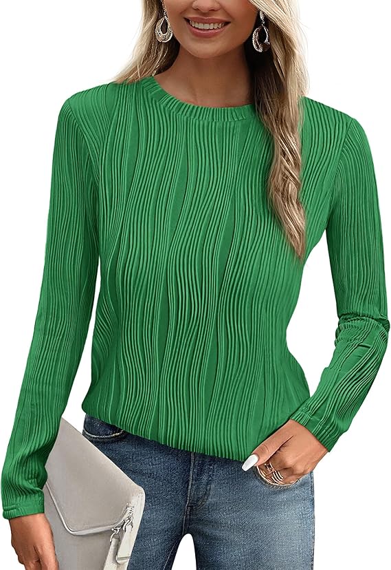 PRETTYGARDEN Long Sleeve Tops for Women 2025 Spring Fall Trendy Business Dressy Casual Shirts Crewneck Textured Blouse