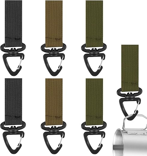 6-Pack Hook Clip - Reusable Adhesive Hook Tape & 360° Swivel Carabiner for Camping Gear, Backpack, Hiking, Fishing, Outdoor Accessories (Black/Khaki/Military Green)