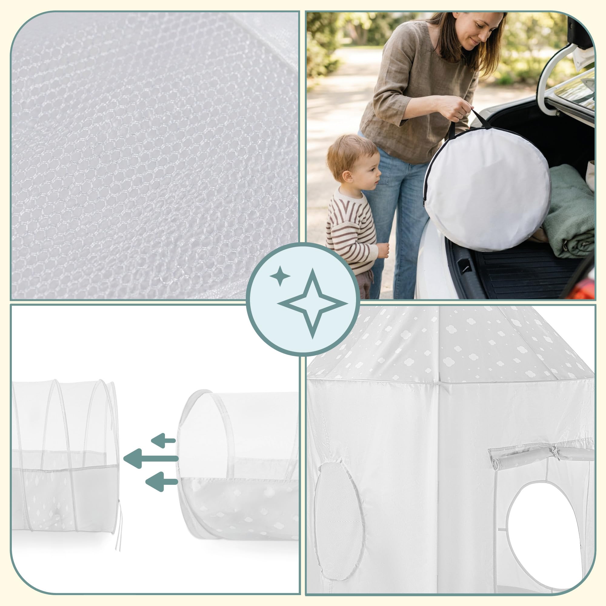 Mamabrum Spielset 3-in-1 Zelt Schloss mit Tunnel und Ballbecken, Faltbarer Spielplatz für Haus und Garten, Grau mit Weiß, Polyester, Metall, 50 x 60 x 100 cm