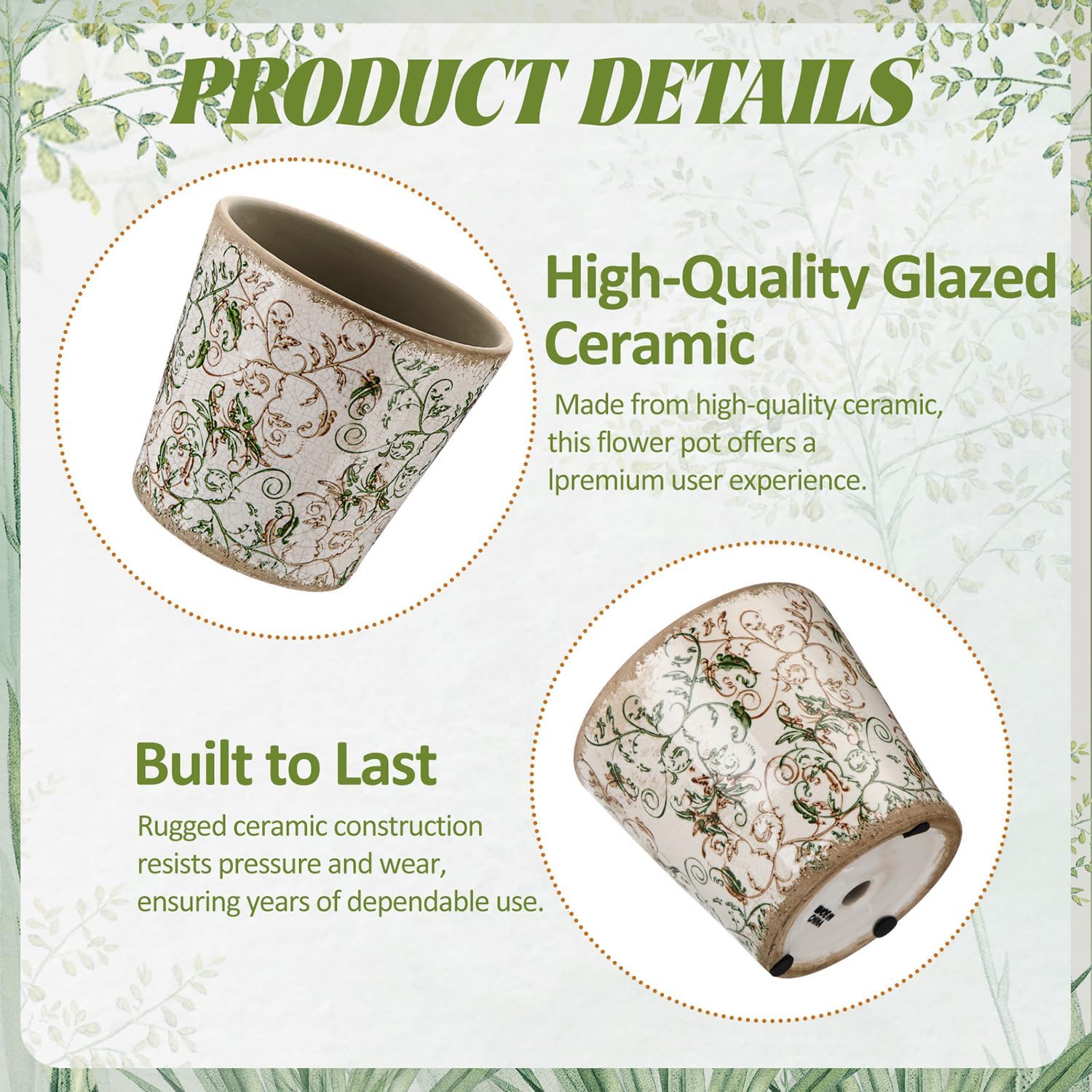 Beeveer Farmhouse Ceramic Planter 5.5 Inch Large Plants Pot Ice Crack Beige Green Floral Vines Plant Pots with Drainage Hole Indoor Plants Kitchen Rustic Antique Decor Gift
