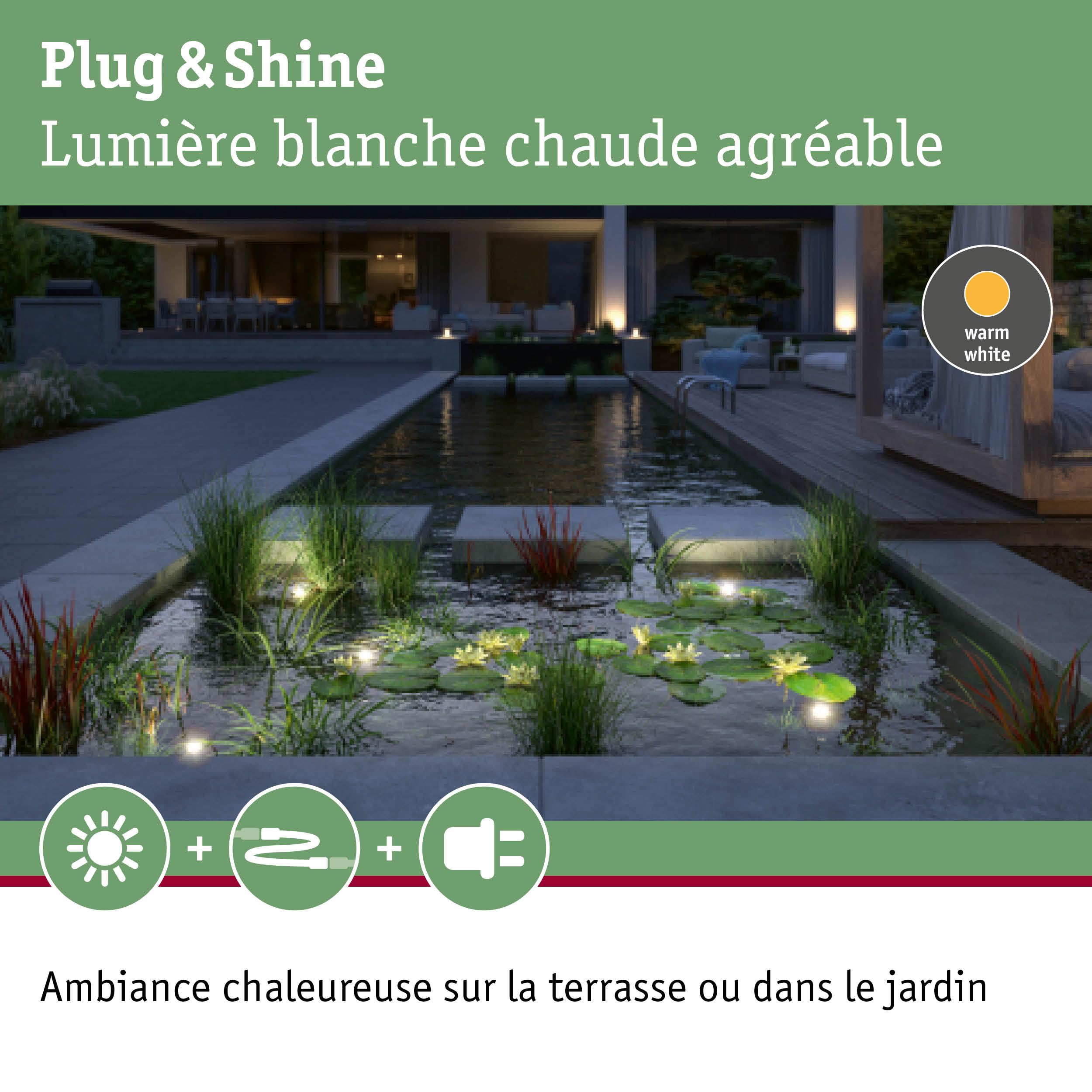 Paulmann 94559 Plug & Shine LED Luminaire d'extérieur Spot Luminaire pour bassin IP68 avec 1x5 W dimmable Blanc chaud Noir Aluminium 3000 K