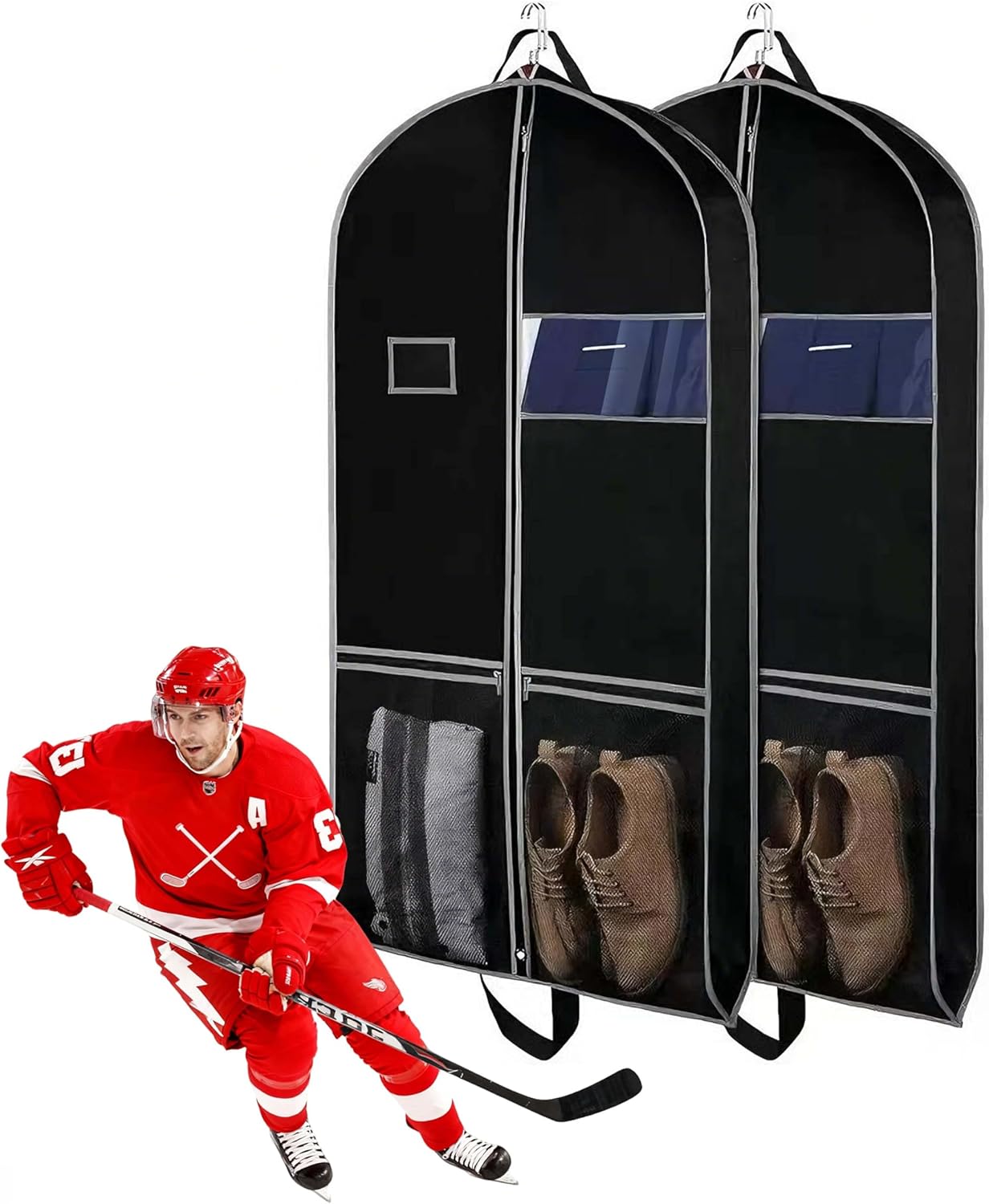 3 Pack Heavy Duty Garment Bag with Compartments, 43x24 Inch Hanging Storage for Hockey Jersey, Travel, Suits - Transparent ID Holder, Black (3)