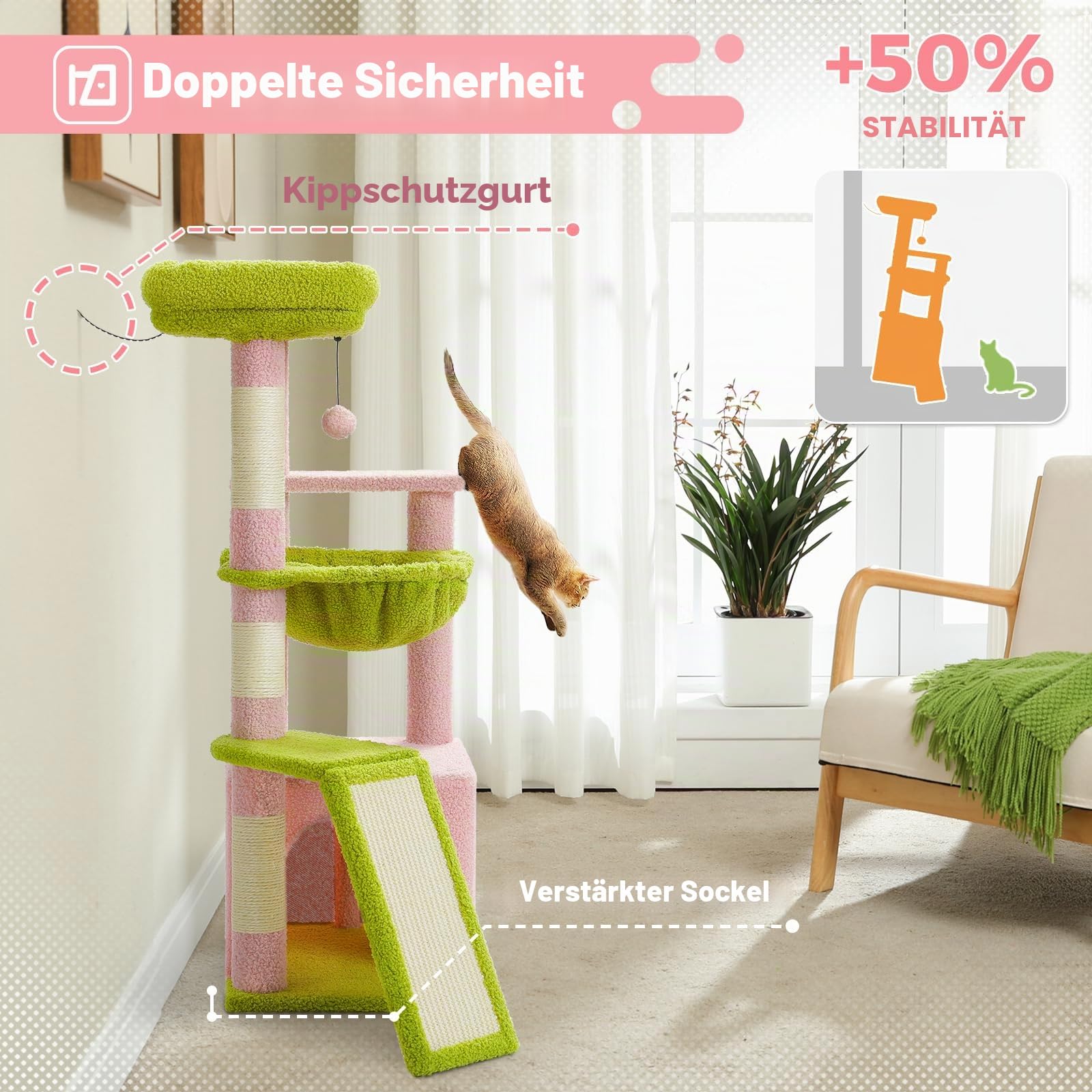 PAWZ Road Kaktus-Katzenbaum für Hauskatzen mit super großer Höhle, 1 Sisalbrett, 3 Kratzstämme, mit großer Hängematte und Sitzstange, 90 cm, Rosa