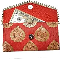 Vista 4 de Desi Favors Sobres decorativos de brocado rojo y naranja Shagun, Eid, Diwali, Navidad, recuerdo de boda, compromiso, fiestas, regalo MoneyCash