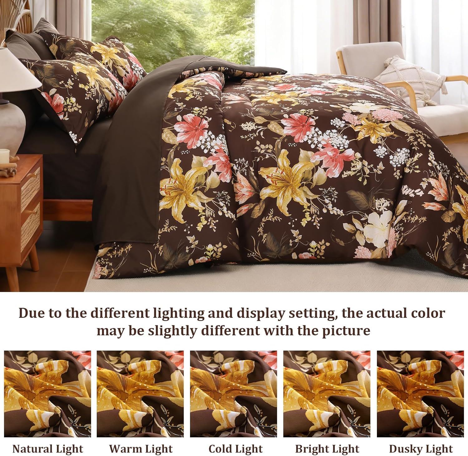 Drucon Queen Comforter Set - 7 Pieces Brown Floral Soft Bedding Sets, Queen Bed in a Bag with Botanical Flowers Comforter, Sheets, Pillowcases & Shams