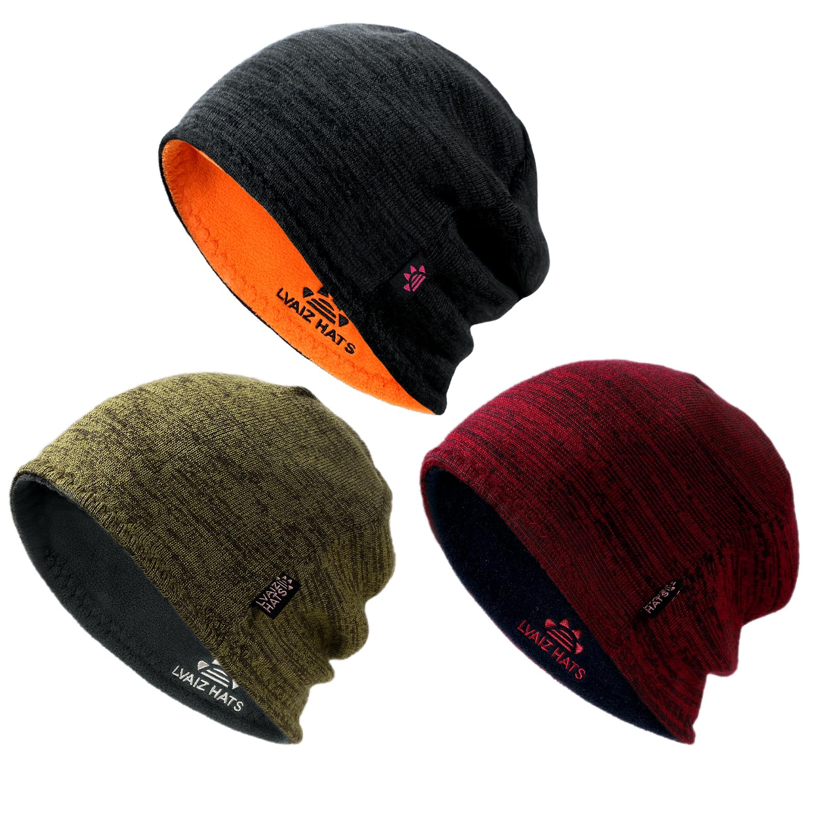 3 Pack Reversible Winter Fleece Lined Beanie Hats for Men Women Warm Windproof Cotton Stretchy Knitted Skull Caps