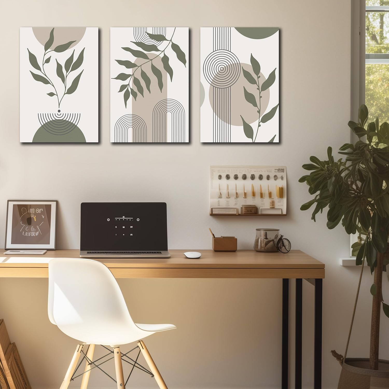 Boho Canvas Wall Art for Bathroom Green Bohemian Wall Decor for Bedroom Living Room Modern Home Office Decor Ready to Hang 12 x 17.5 Inch 3 Panels