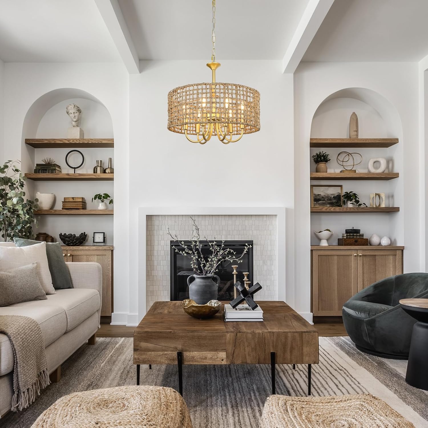 LynPon 17.7" Gold Rattan Chandelier Light Fixture, 6 Lights Boho Rattan Light Fixture with Hand Woven Wicker Shade, Farmhouse Vintage Chandelier for Dining Room Living Room Kitchen Bedroom Entryway