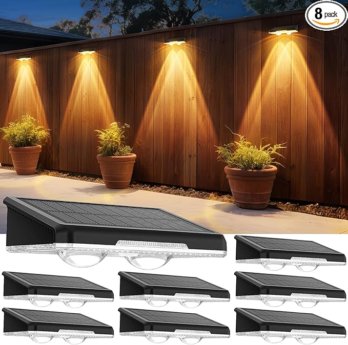 Solar Fence Lights Outdoor 8 Pack - 3 Modes (Warm/Neutral/Cool White), Fence Lights Solar Powered for Outside, IP65 Waterproof, Deck Lighting for Wall, Step, Patio, Pathway, Stairs