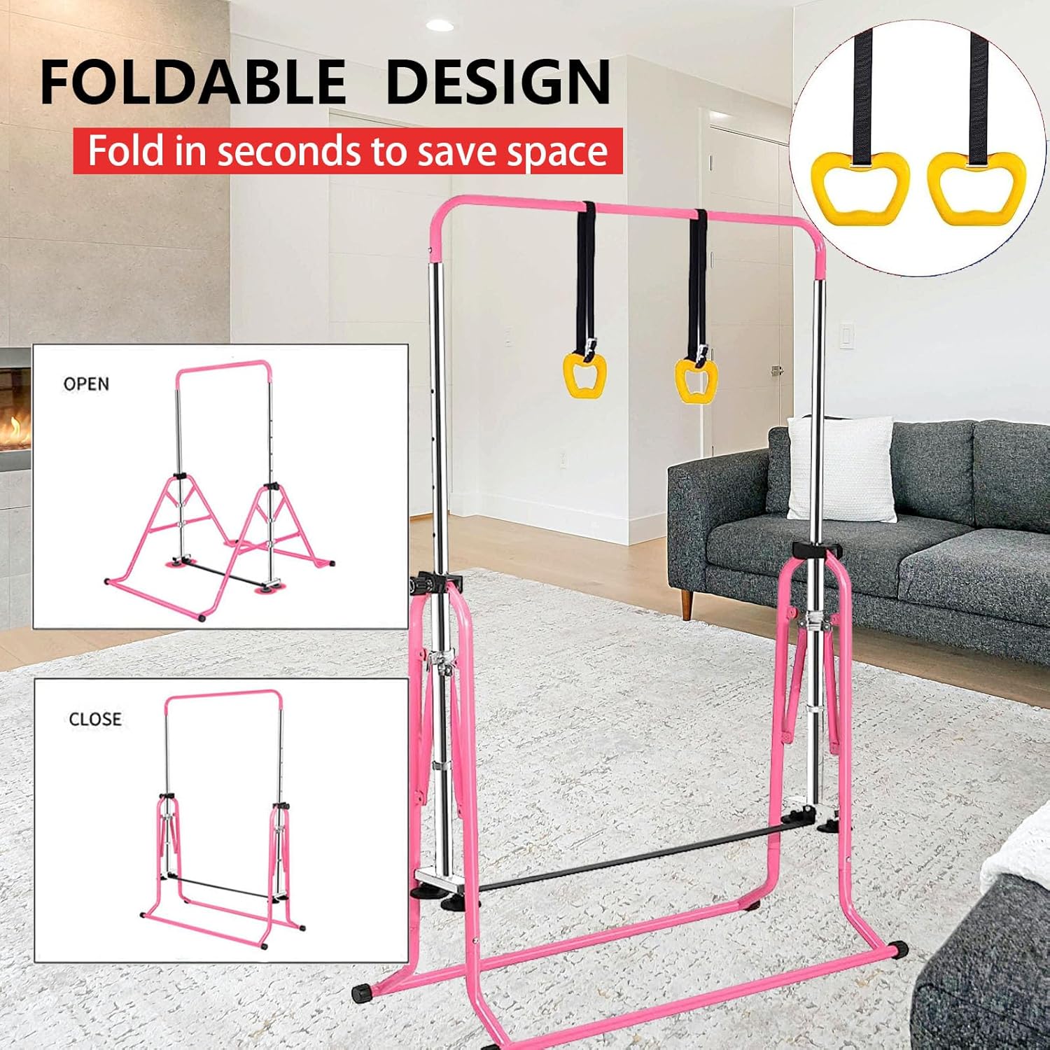 Gymnastics Horizontal Bar, Junior Training Kip Bar Gymnastics Equipment for Home, Adjustable Telescopic Height Folding Horizontal Bar with Gymnastic Rings for 3-12 Years Old Kids