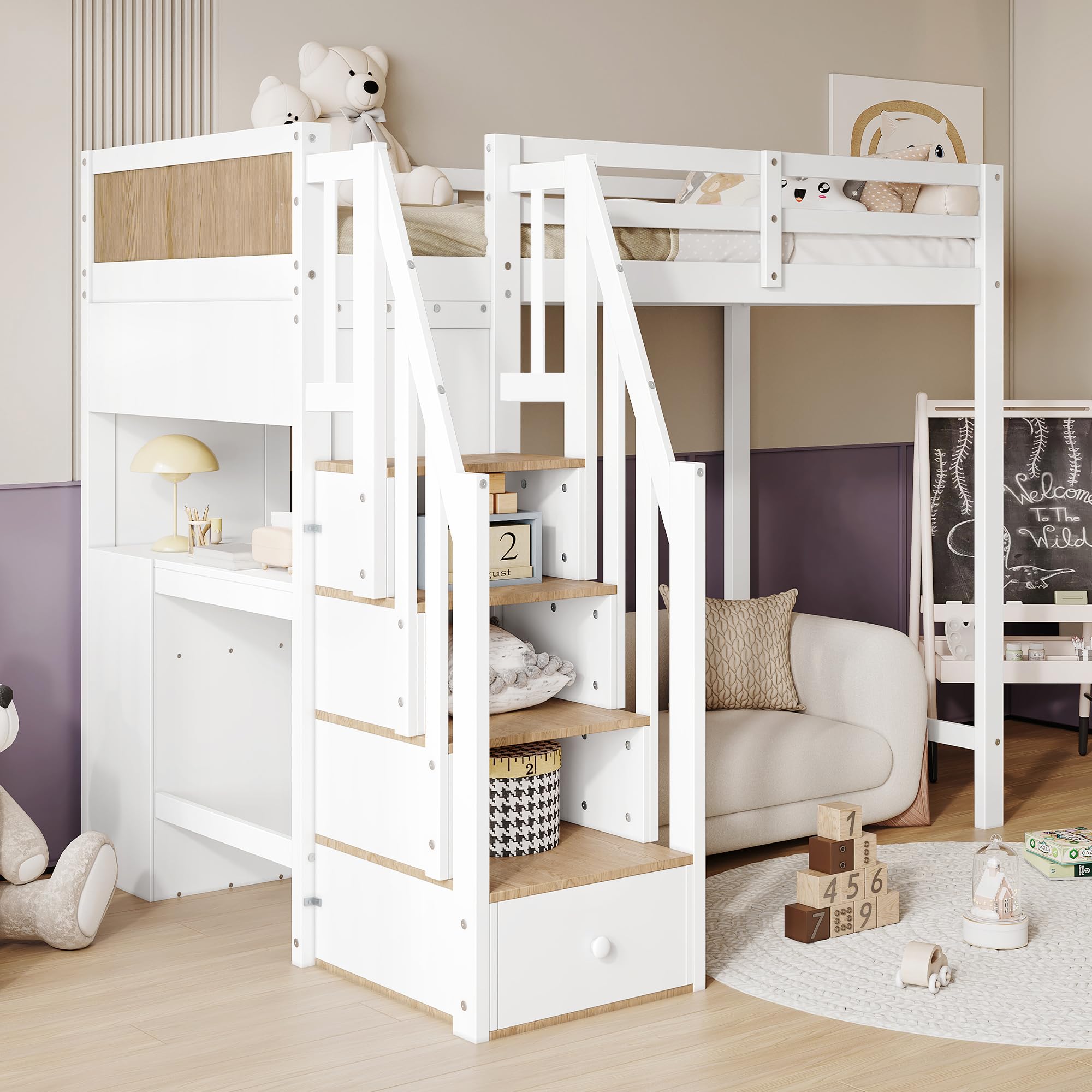 Lit Superposé 90x200 Bois de Pin Lit Tiroir avec Support à Lattes Sommier avec Compartiment de Rangement sans Matelas avec 3 Tiroirs avec Bureau Intégré avec Escalier Logement