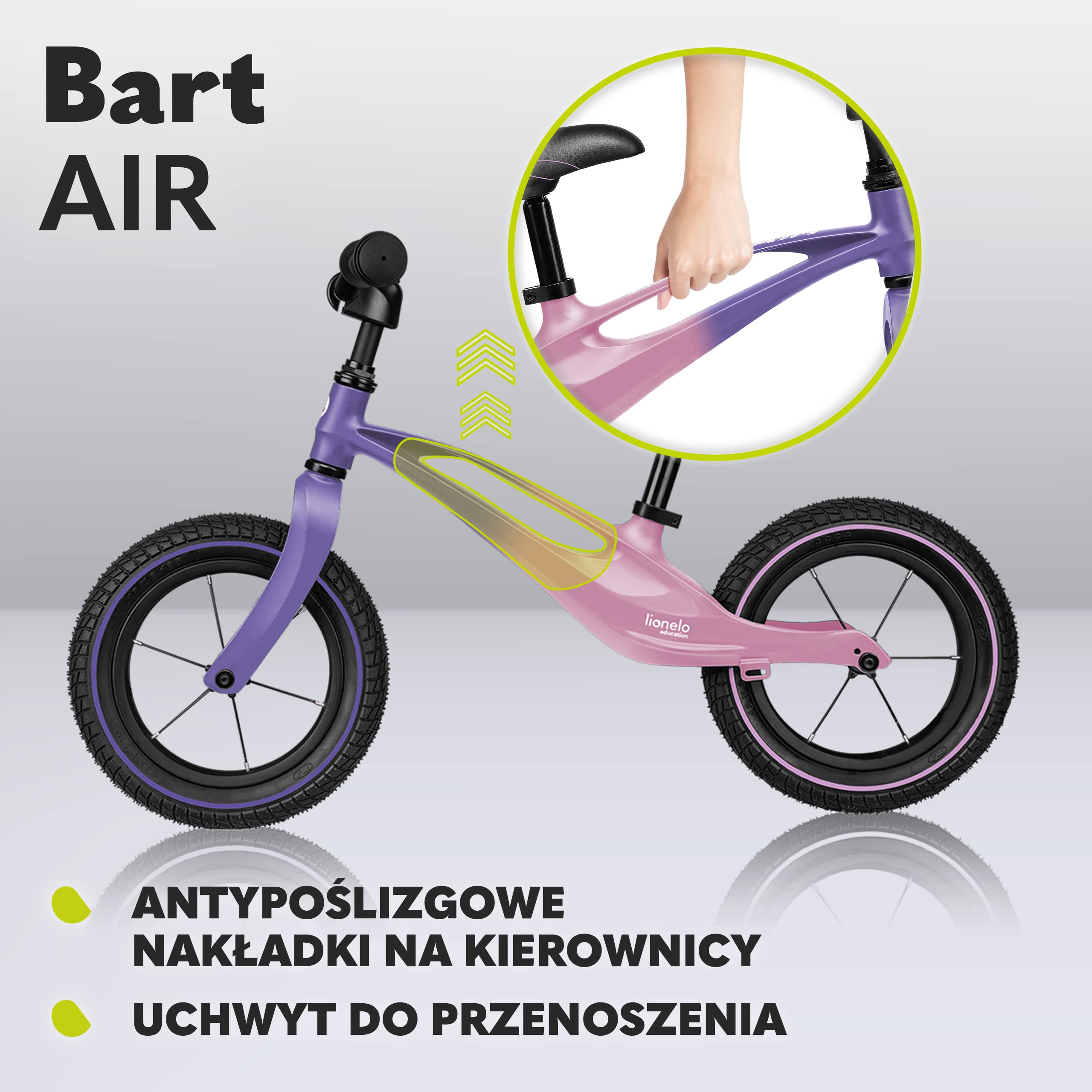 LIONELO Bart Air rowerek biegowy do 30kg, piankowe koła EVA, magnezowa rama, eko-skóra, wyprofilowany podnóżek, antypoślizgowe nakładki, uchwyt do przenoszenia, miękka struktura