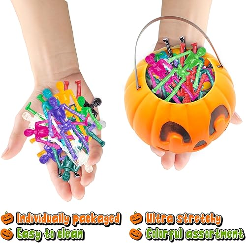 Miniatura 3 de ArtCreativity Juguetes de esqueleto súper elásticos, juego de 48 juguetes de Halloween para niños en 10 colores vibrantes, elásticos 7 veces su