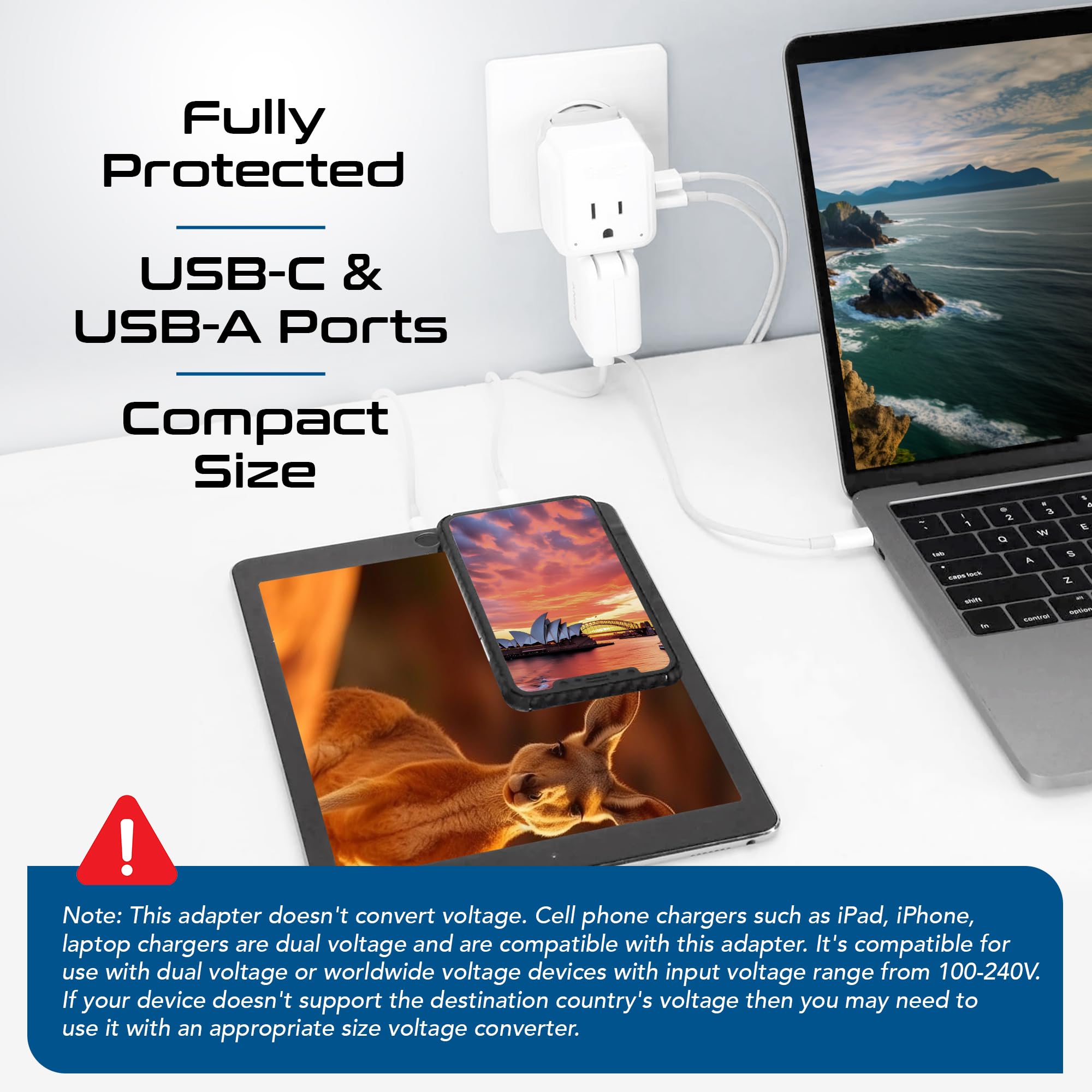 Ceptics Ceptics Australia, China, New Zealand Travel Plug Adapter Set (Type I) - 4 in 1 - 2 Canadian Socket - 1 USB & 1 USB-C (3.1A) - Compact & Powerful (PAK-AU) in use