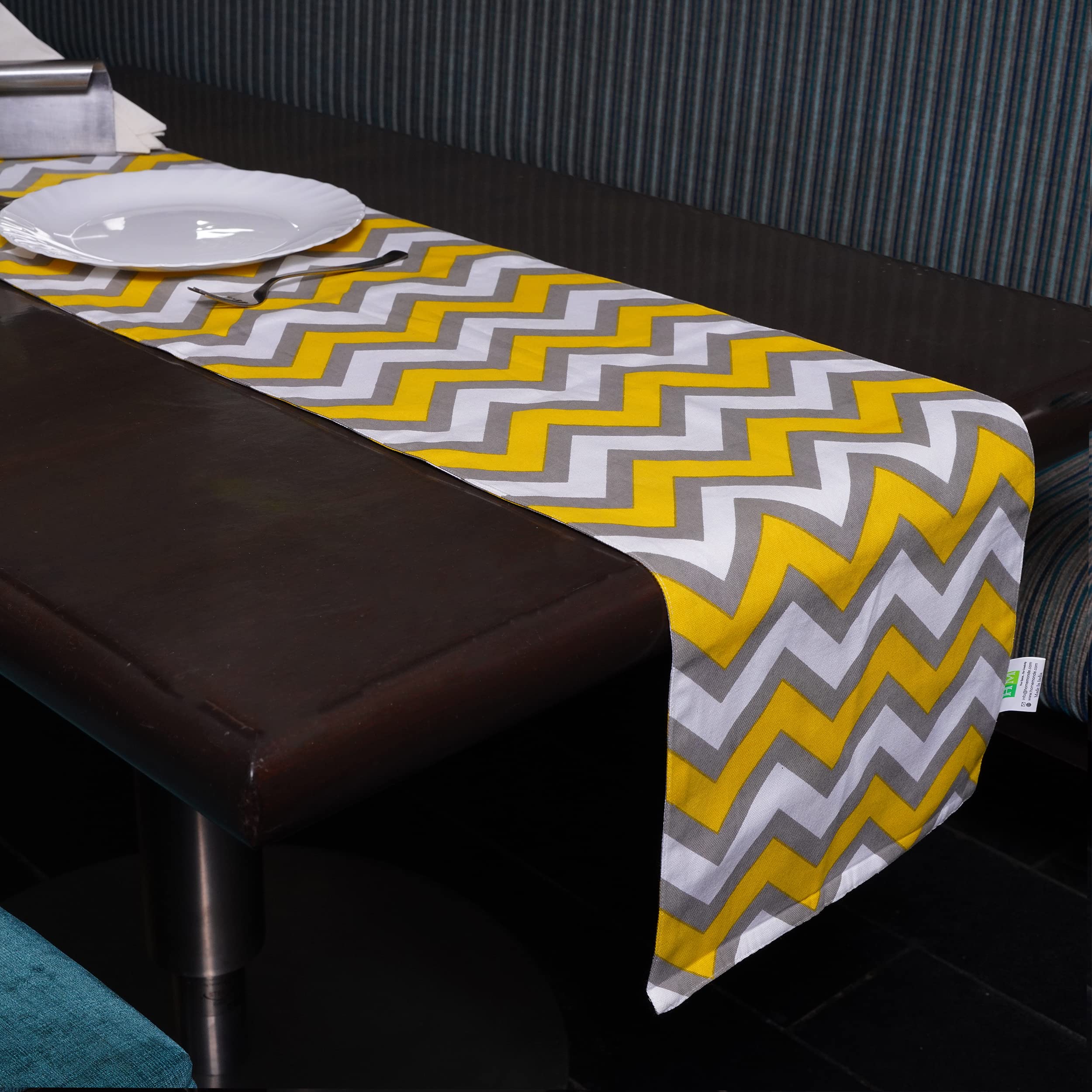 HOMEMONDE Coffee Table Runners Cotton 12x72 Inch 6 Seater Center Table Runner, Club, Yellow & Grey, Chevron