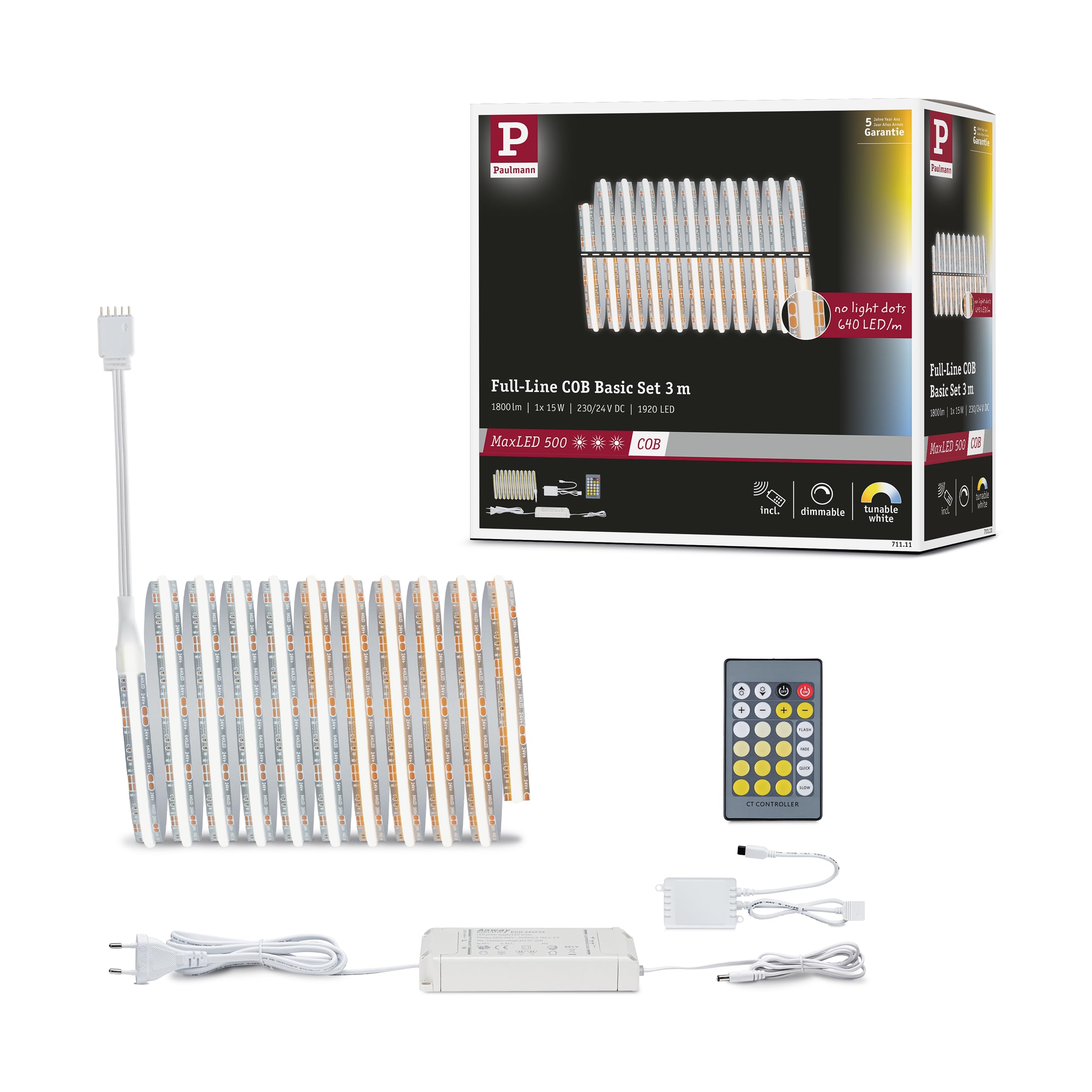 Paulmann 71111 MaxLED 500 LED Strip Full-Line COB 3m 15W 600lm/m 640LEDs/m Tunable White 36VA LED Band erweiterbar