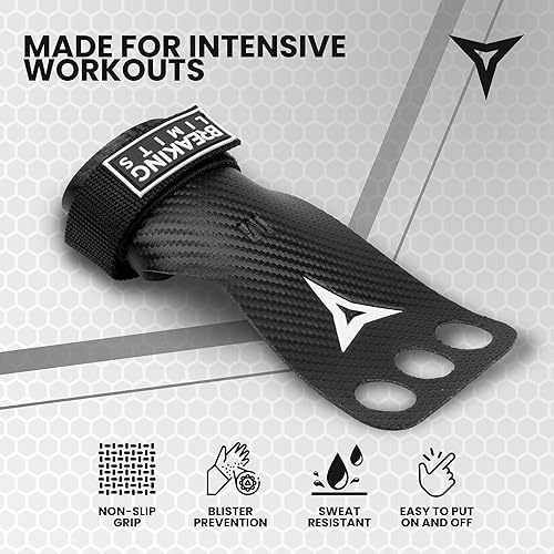 Miniatura 2 de BREAKING LIMITS Crossfit Grips - Puños de gimnasia de 3 agujeros, agarre de mano de carbono, Calleras para Crossfit, agarre de gimnasia para hombres