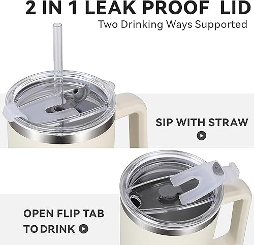 Miniatura 3 de Vaso de 40 onzas con asa y pajita, vaso de acero inoxidable aislado con tapa 2 en 1, taza de café de viaje con doble vacío, taza de café, paquete de