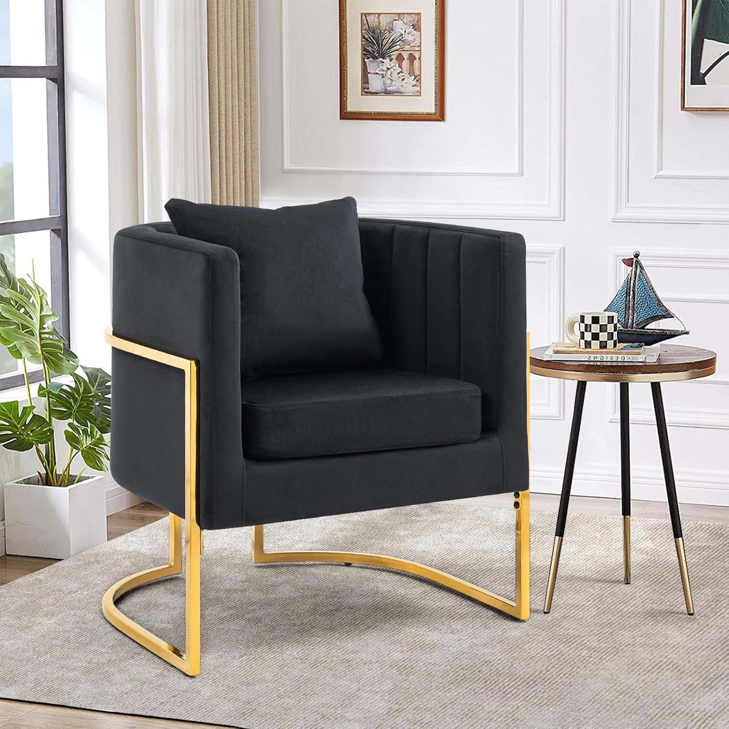 Modern Velvet Barrel Armchair with Lumbar Pillow, Mid-Century Upholstered Accent Chair for Living Room, Bedroom, Single Sofa Club Reception Chair with Golden Metal Legs, Black
